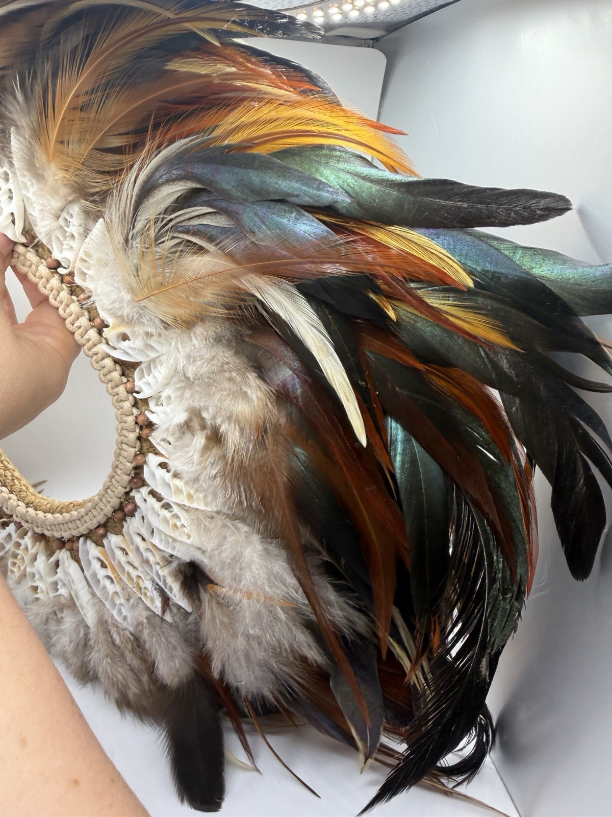 Vtg Statement Woven Collar Necklace Shell Feathers Beaded Native Jute Tribal 13”