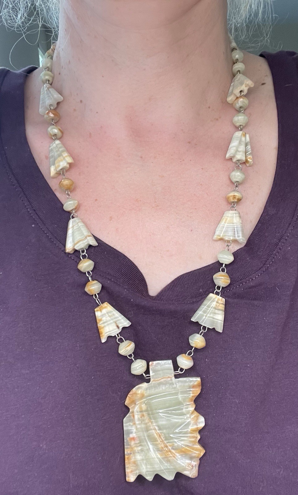 Vintage READ! Mexican Multicolor Onyx? Aztec Carved Pendant Beaded 29” Necklace
