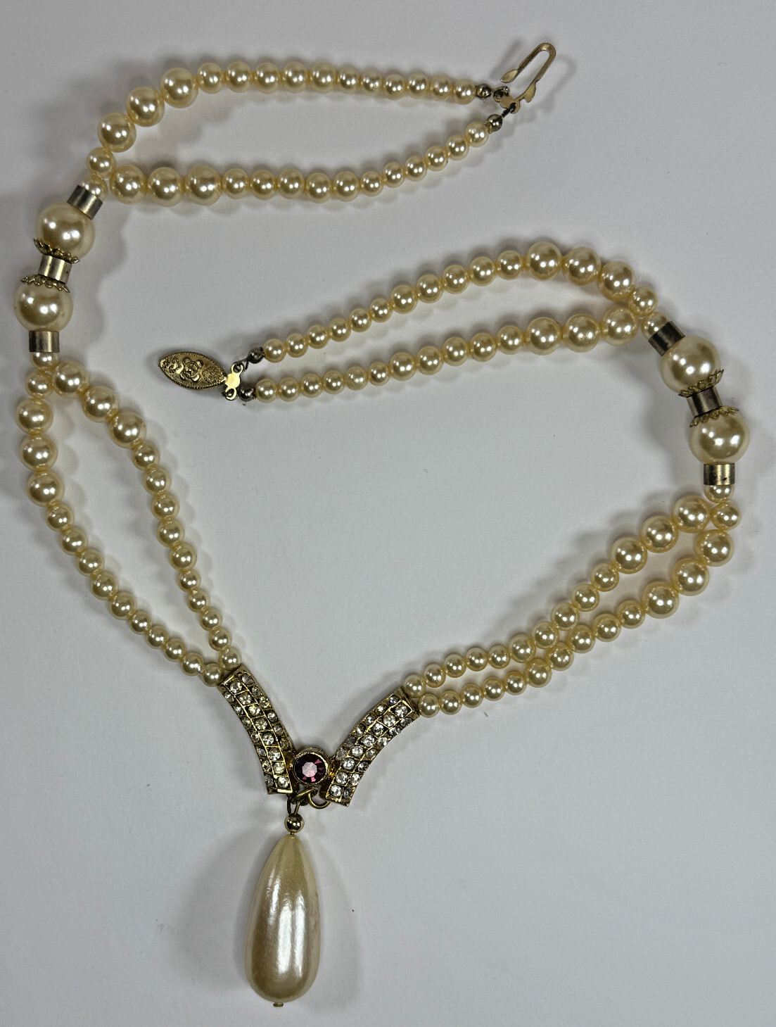 vtg 18″ Double Strand Faux Pearl Teardrop V Necklace 10kt Gold plated Wedding