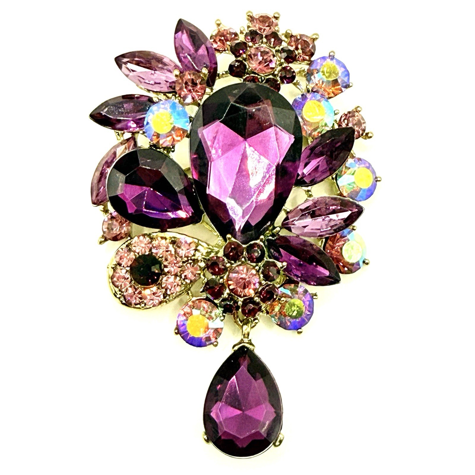 Modern Goldtone Brooch Pendant LG Purple Pink AB Rhinestone Bouquet Teardrop Z