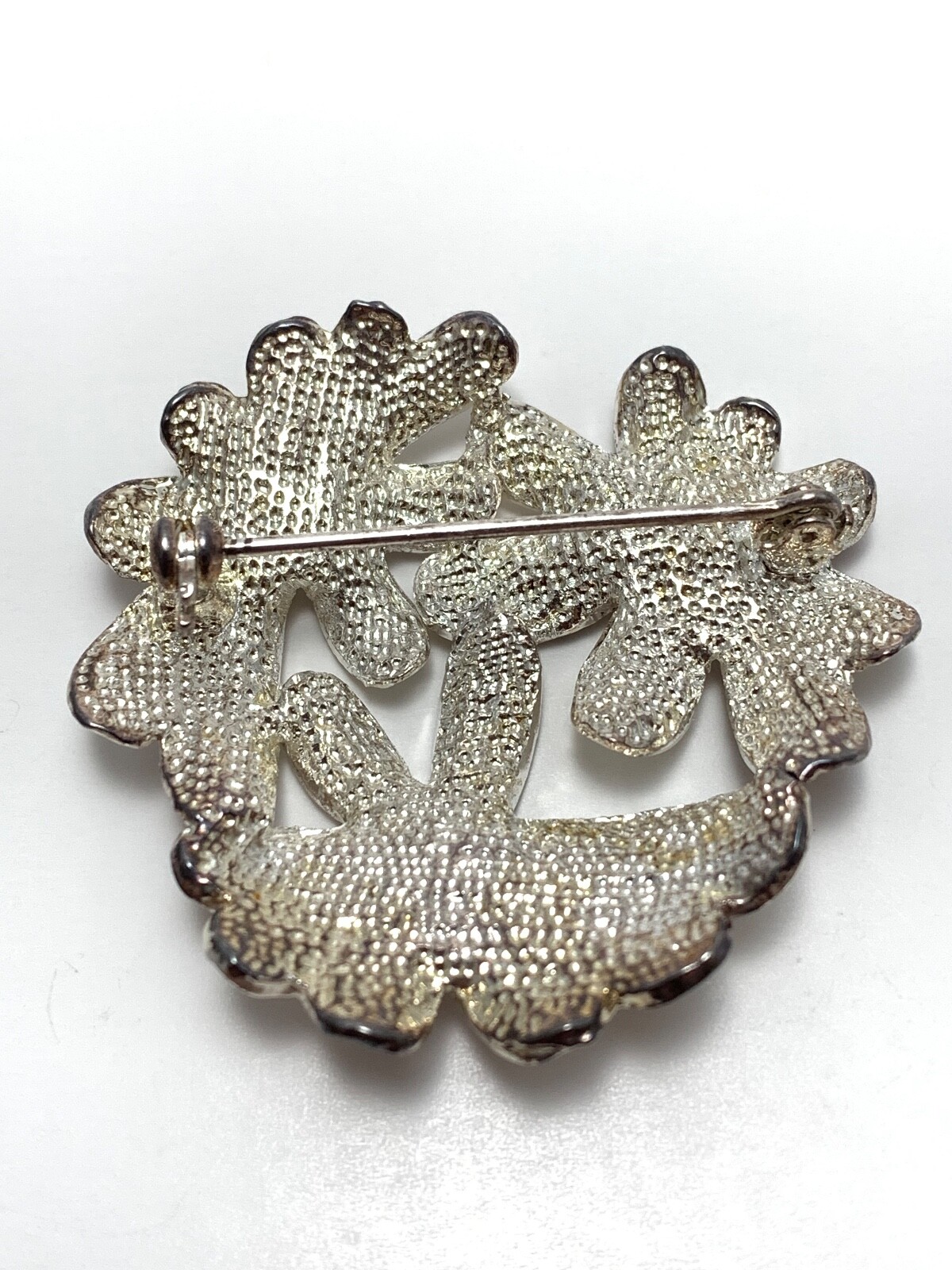Vintage Silver Tone with White Stone Floral Brooch with Matching Clip Earrings