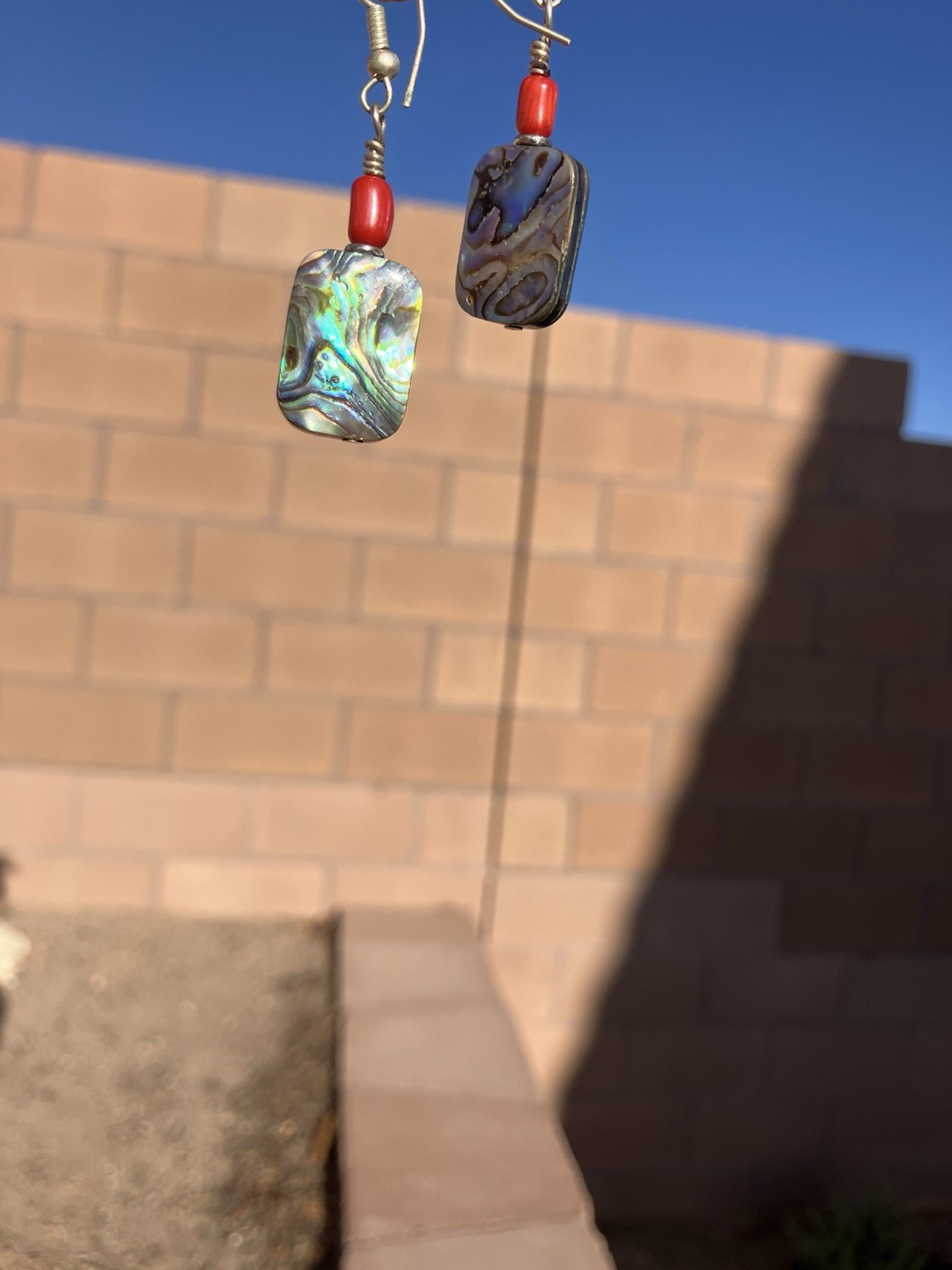VTG Abalone Shell Earrings Rectangle Paua Shell Red Bead Fish Hook Dangle