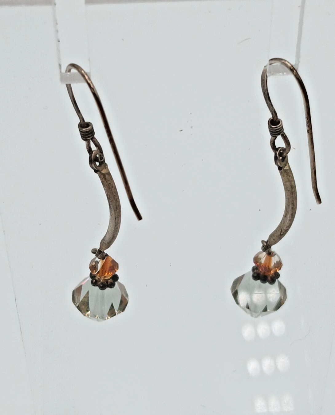 925 Crystal Drop Earrings 1.75in Sterling Silver 2g Aqua Blue Amber Tone Bicone