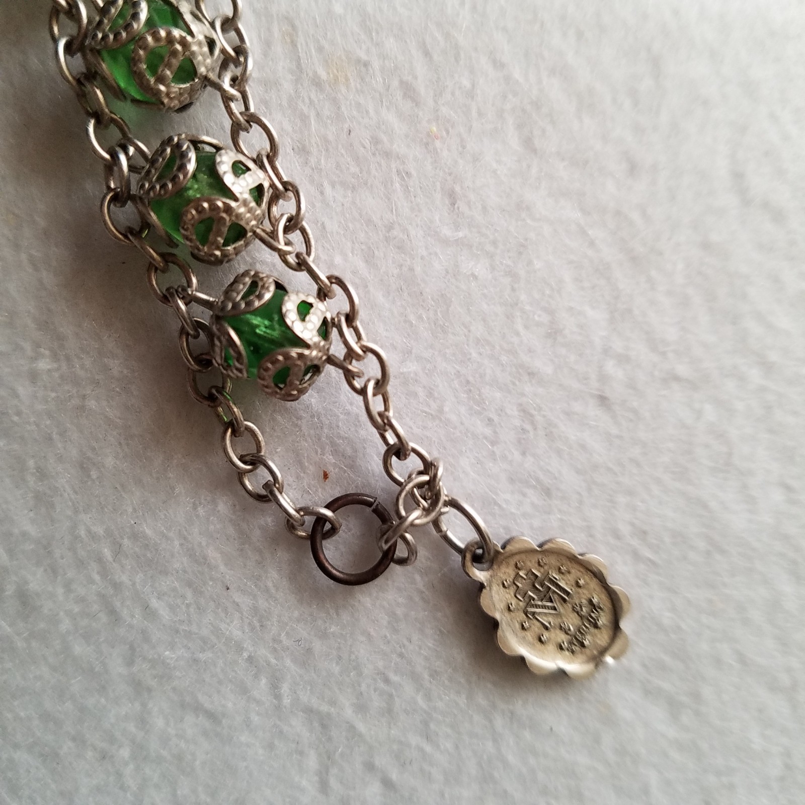 Vintage Sterling Chain Capped Green Bead Rosary Bracelet