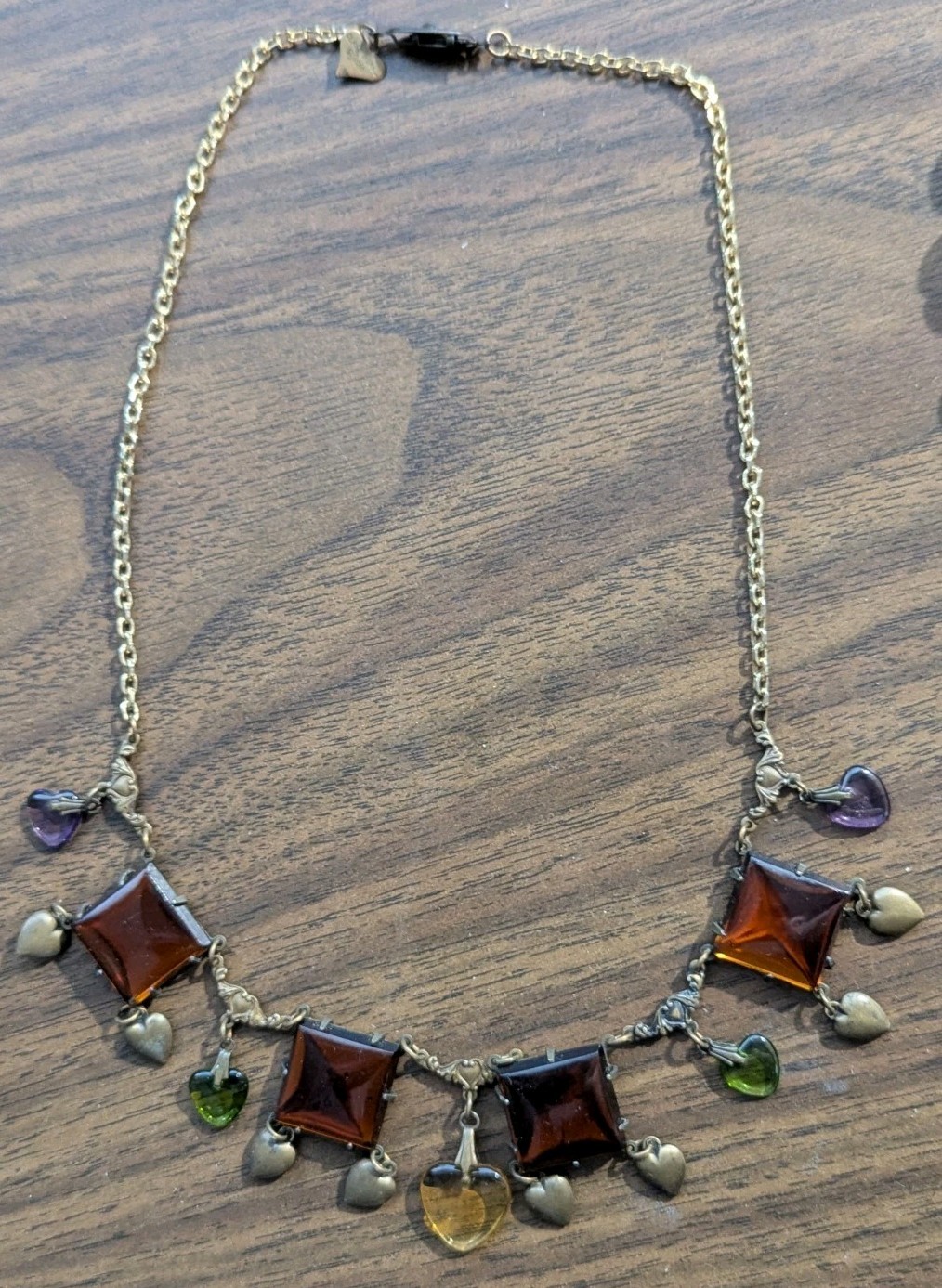 Vtg Art Glass Works Studio Brass Heart Charm Statement Necklace Amber Multi