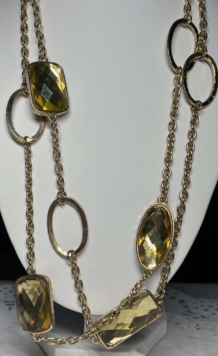 Vintage Necklace Faceted Acrylic VCLM Brown Yellow Green Stone 38” Metal