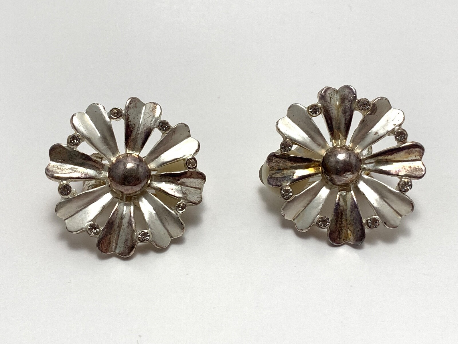 Vintage Silver Tone with White Stone Floral Brooch with Matching Clip Earrings