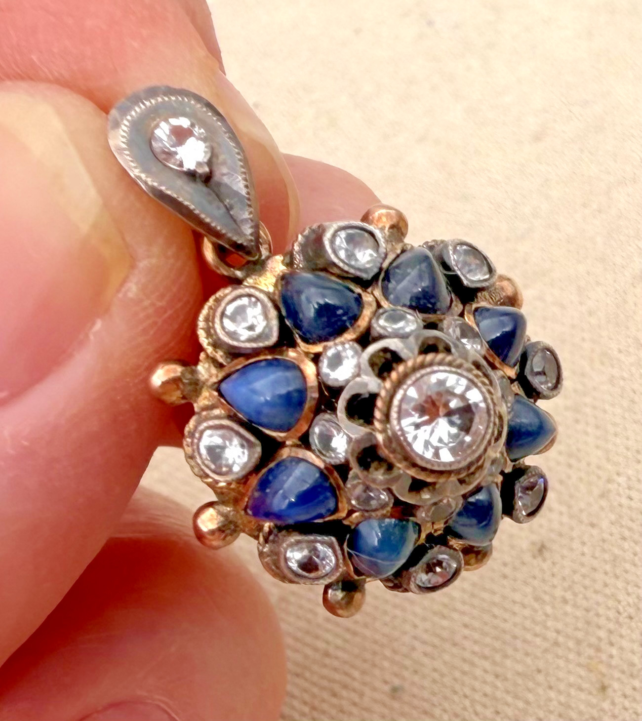 Antique Victorian Lapis Lazuli & Colorless Gemstone Cluster Pendant Mixed Metal