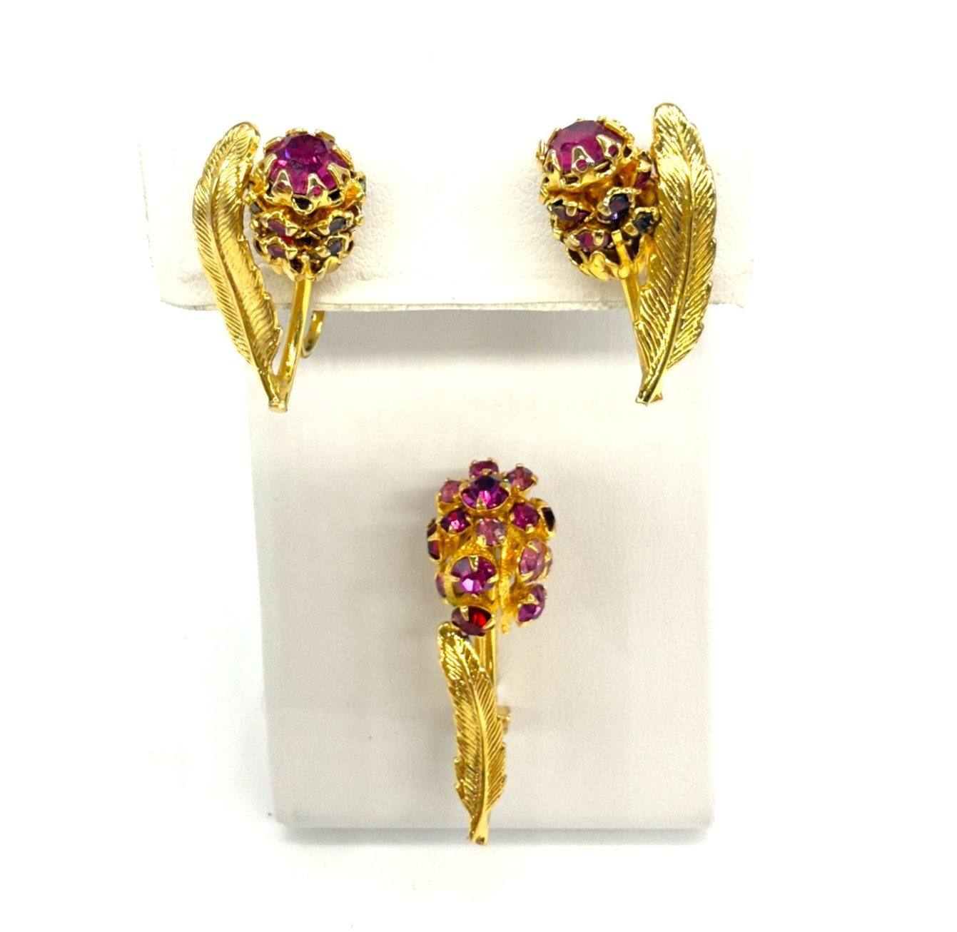 Vintage Flower Brooch and Earring Set Pink Red Rhinestones Gold Tone Clip Ons