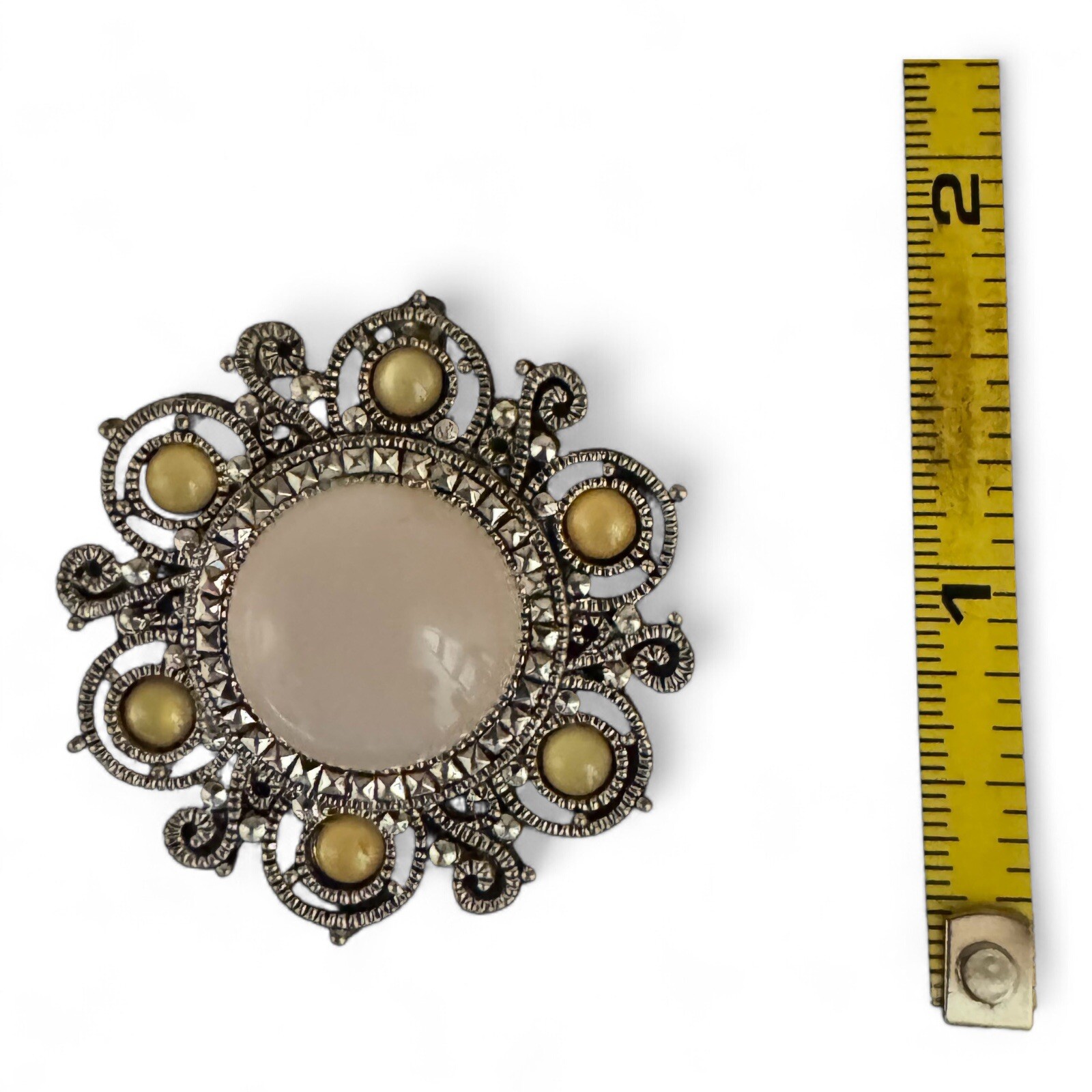 Vintage Silver Tone And Tan & Green Cabochon Stone Flower Shaped Pendant