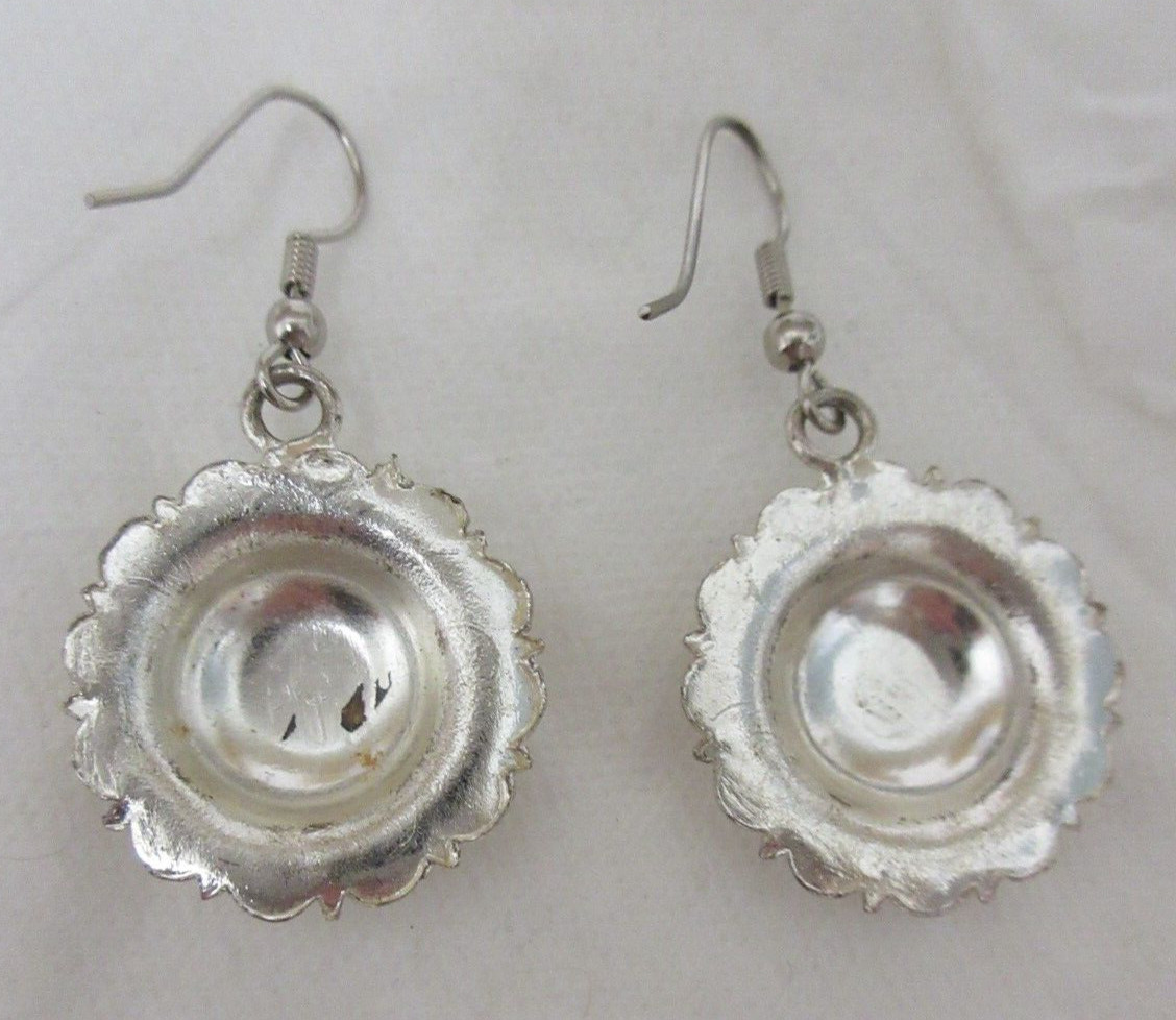 Vintage Silver Tone Etched Flower Dangle Pierced Earrings