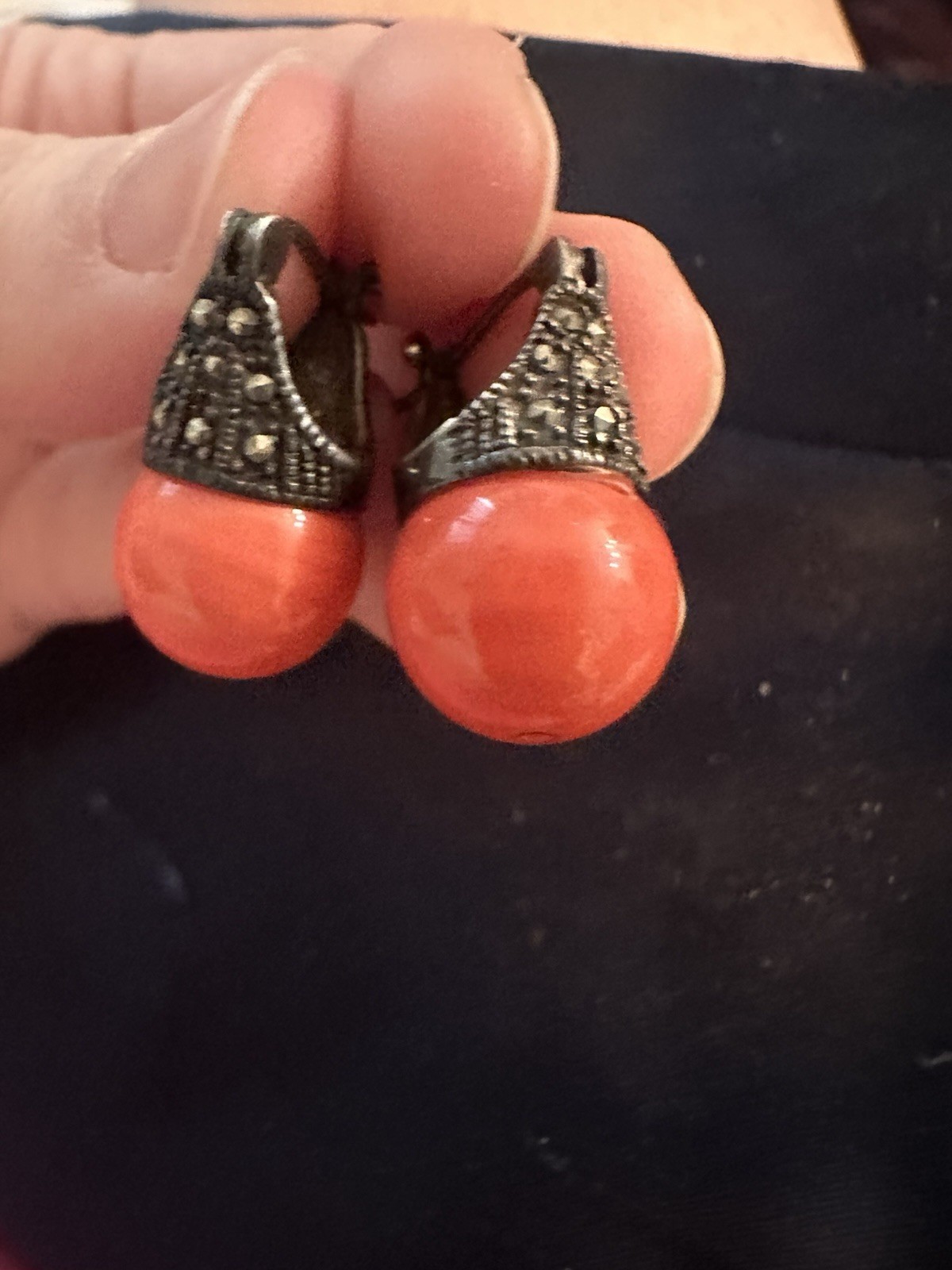 ART DECO STERLING SALMON CORAL BEAD MARCASITE HUGGIE LEVERBACK EARRINGS