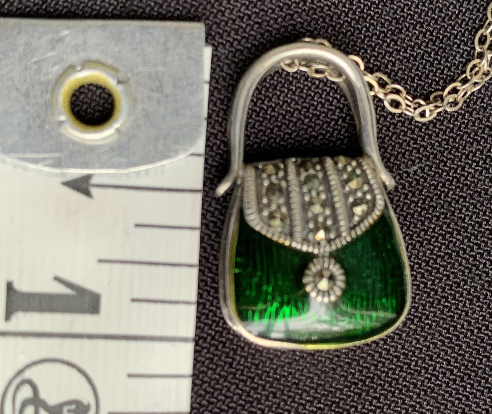 Vintage 925 Sterling Silver Green Guilloche Enamel Purse Handbag Pendant w/Chain