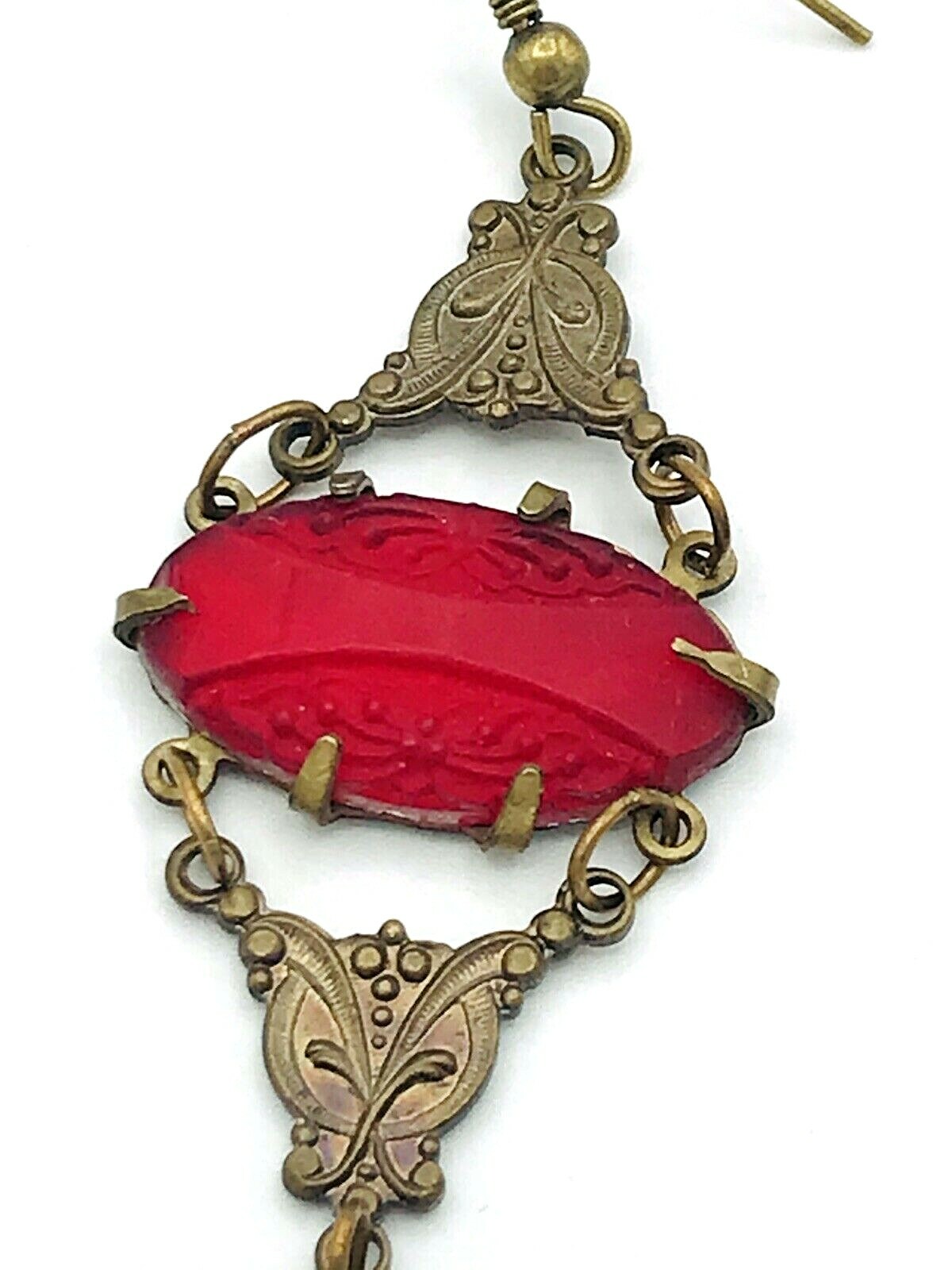 Vintage Signed GWS Glass Works Studio Victorian Copper Red Glass Earrings