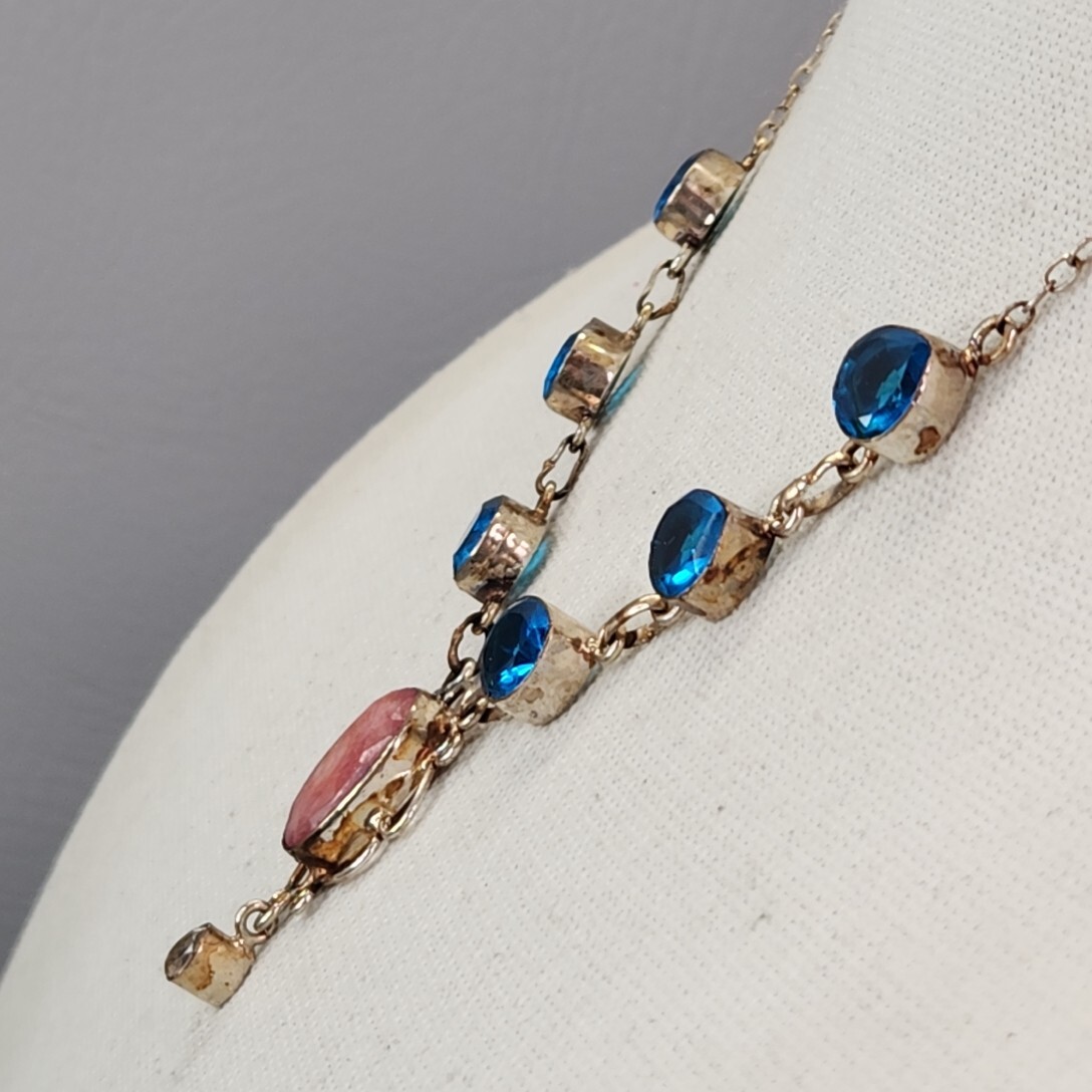 Vintage Glass Bead Necklace Blue Beads Pink Quartz Artisan Silver Tone 18.75″