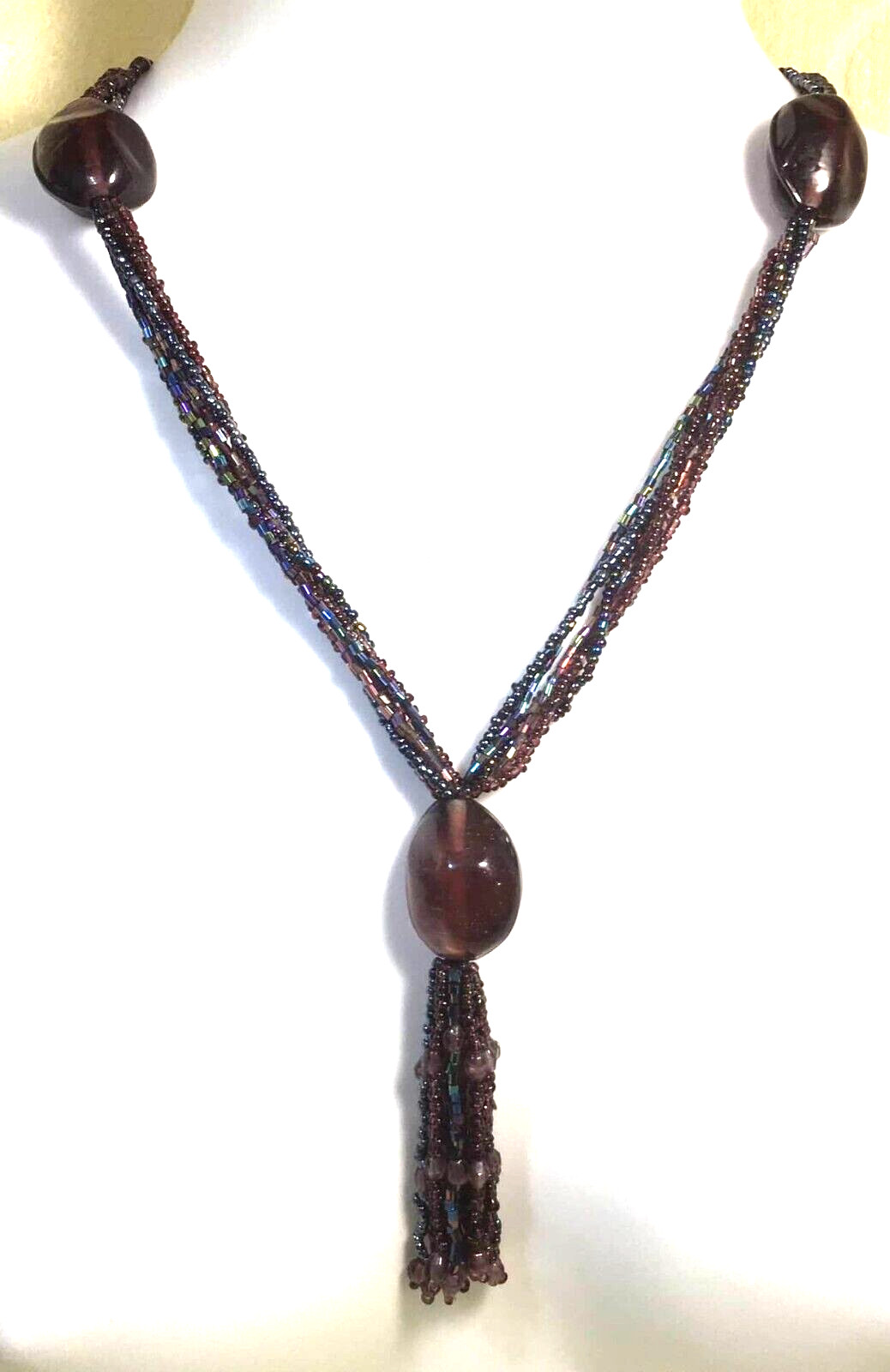 Purple Tassel Pendant Large Glass Beads Peacock Seed Beads Toggle Clasp 23“ Long