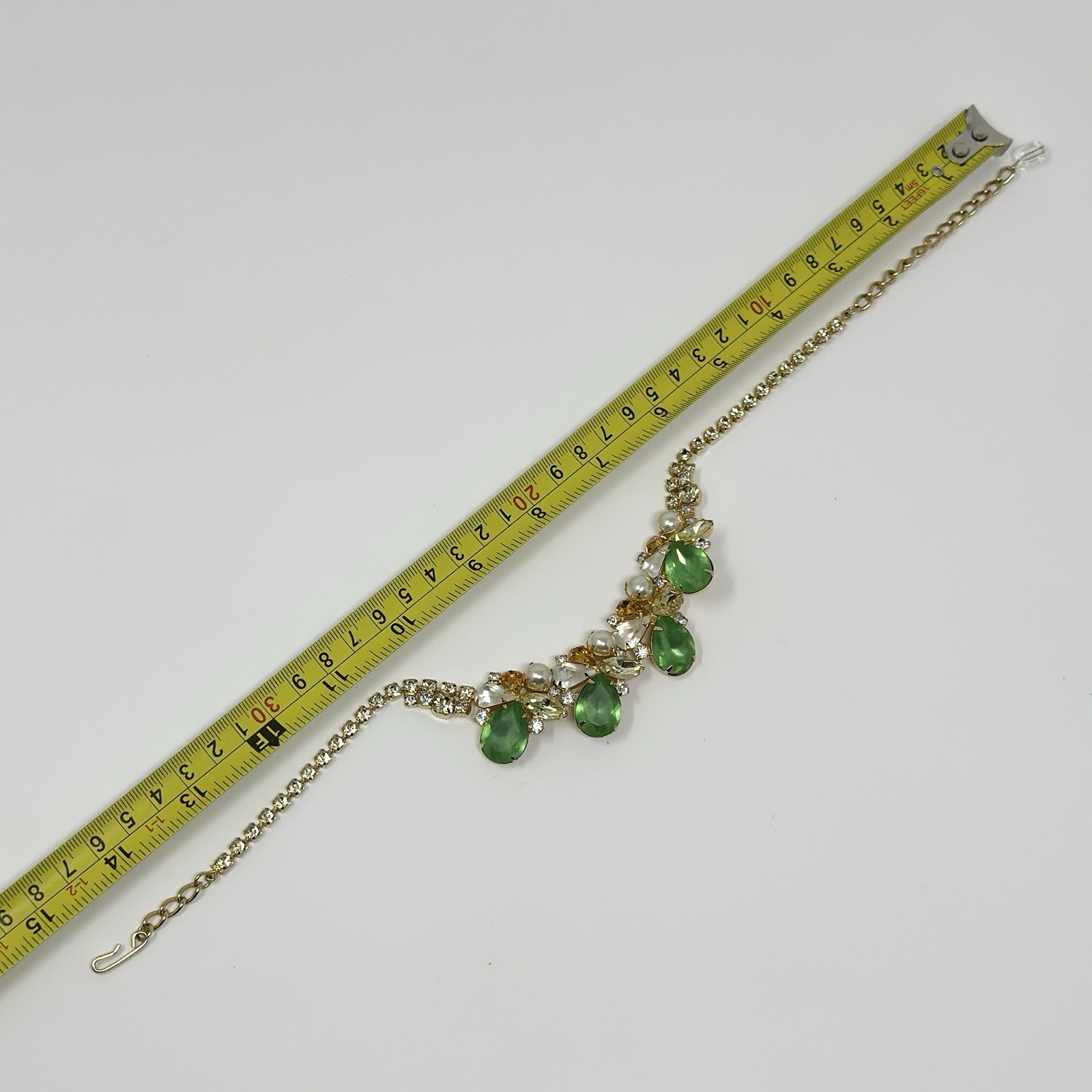 Vintage Czech Crystal Collar Necklace Green Yellow Imitation Pearl Statement 17”