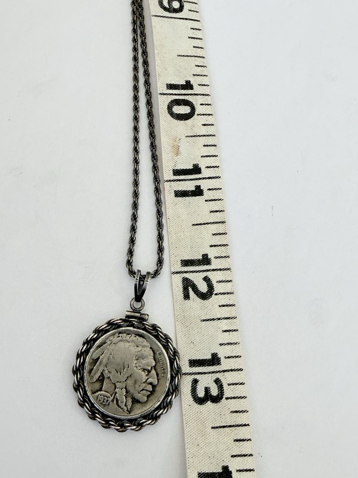 Vintage 1937 Buffalo Nickel Coin Pendant 925 Sterling Silver Chain 15-grams