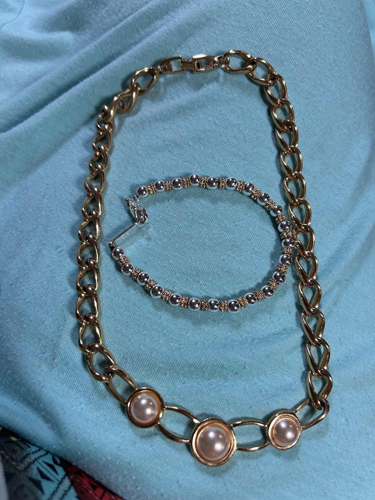 2 Piece Napier Gold Tone Link Chain Choker Necklace Signed Bracelet
