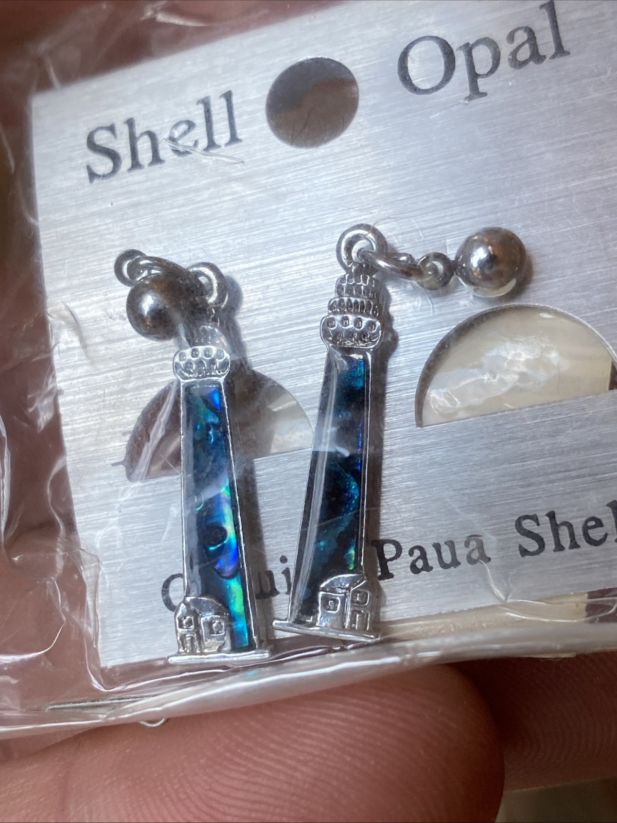 LIGHTHOUSE Blue Paua Shell Dangle Earrings Abalone Inlay Silver Tone Pierced NEW