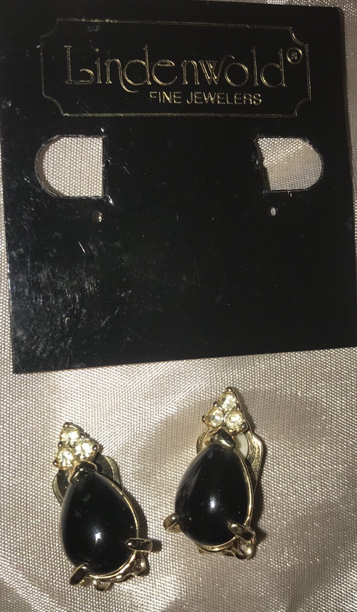 Lindenwold Pear Shape Black Onyx & Swarovski Crystal Clip-on Earrings 14k HGE