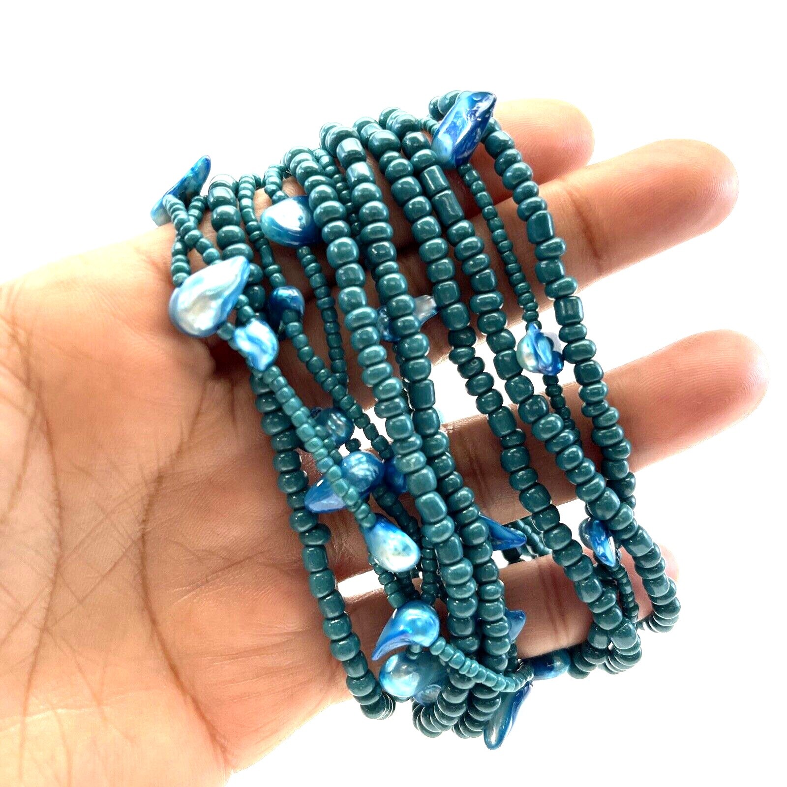 Vintage Stretch Bracelet Blue Turquoise Small Chip Mother of Pearl Wide B#8