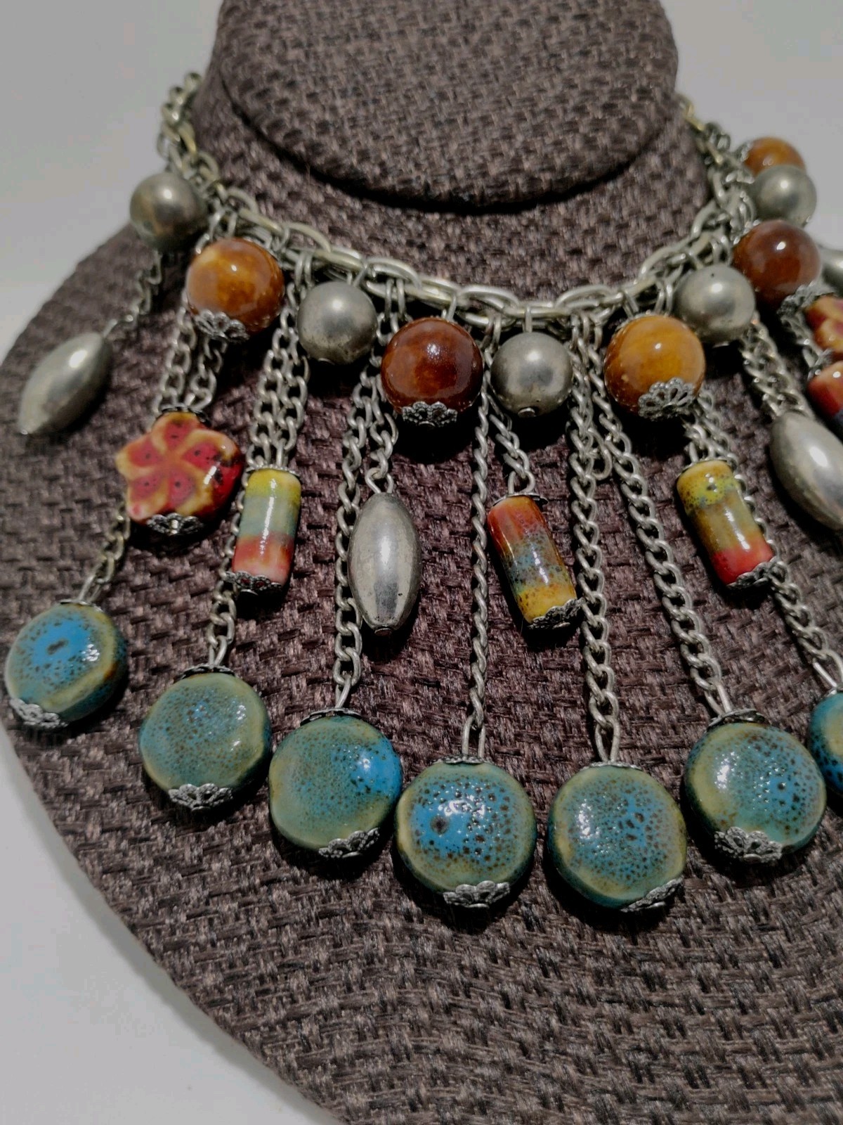 Boho Statement Bib Necklace 17″ Multicolor Ceramic Bead Silver Tone Fringe Style