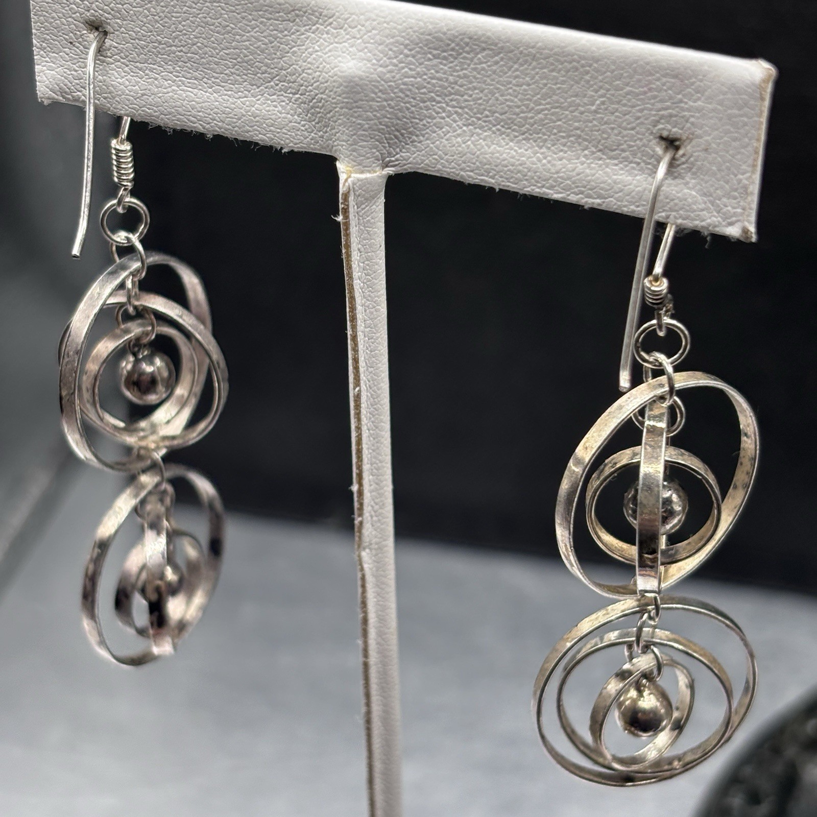 Two-Tiered 3 Concentric Circle’s 925 Silver Earrings Center Bead “Navajo Pearl”