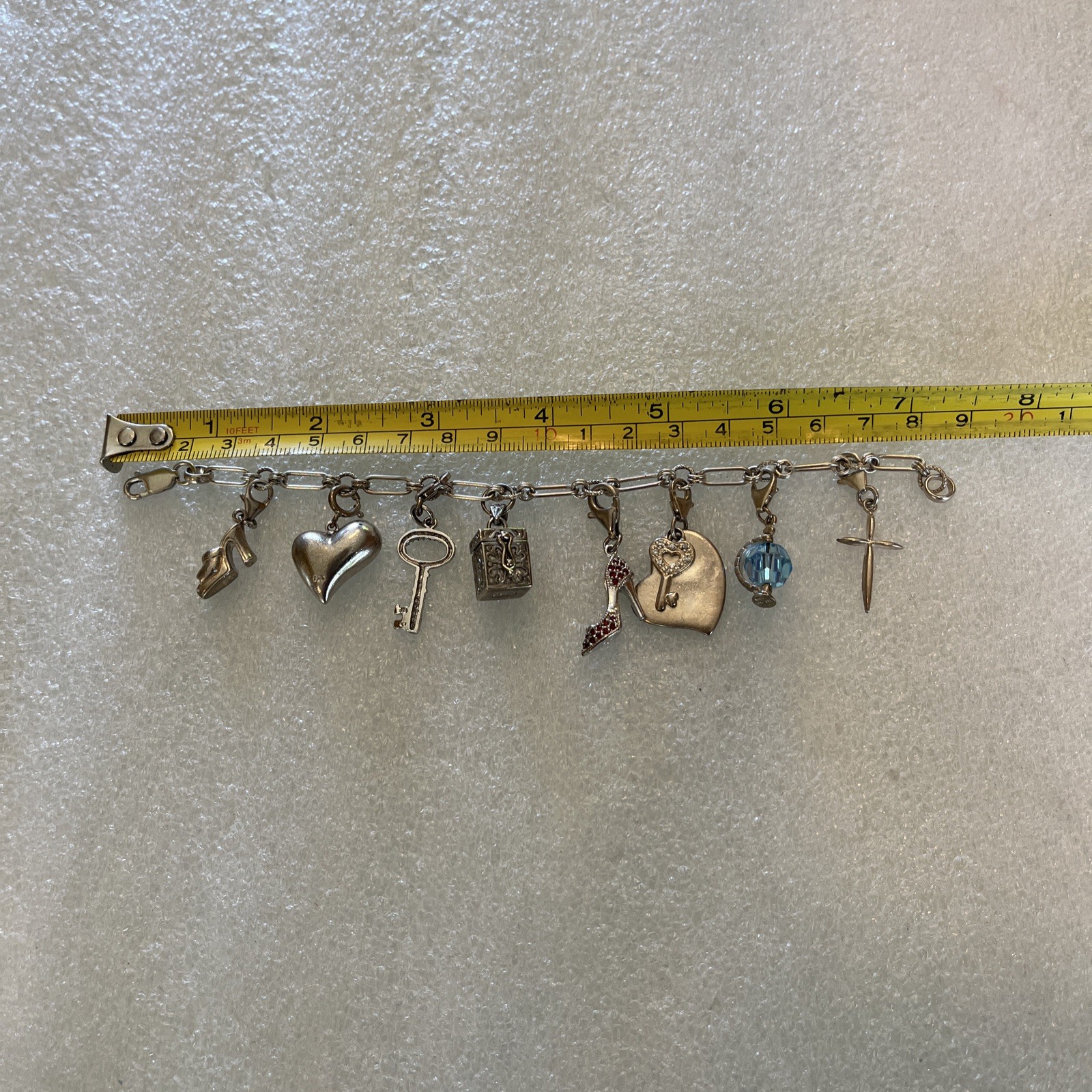 Sterling Silver Charm Bracelet 8 Charms Heart Key Cross Shoes Prayer Box