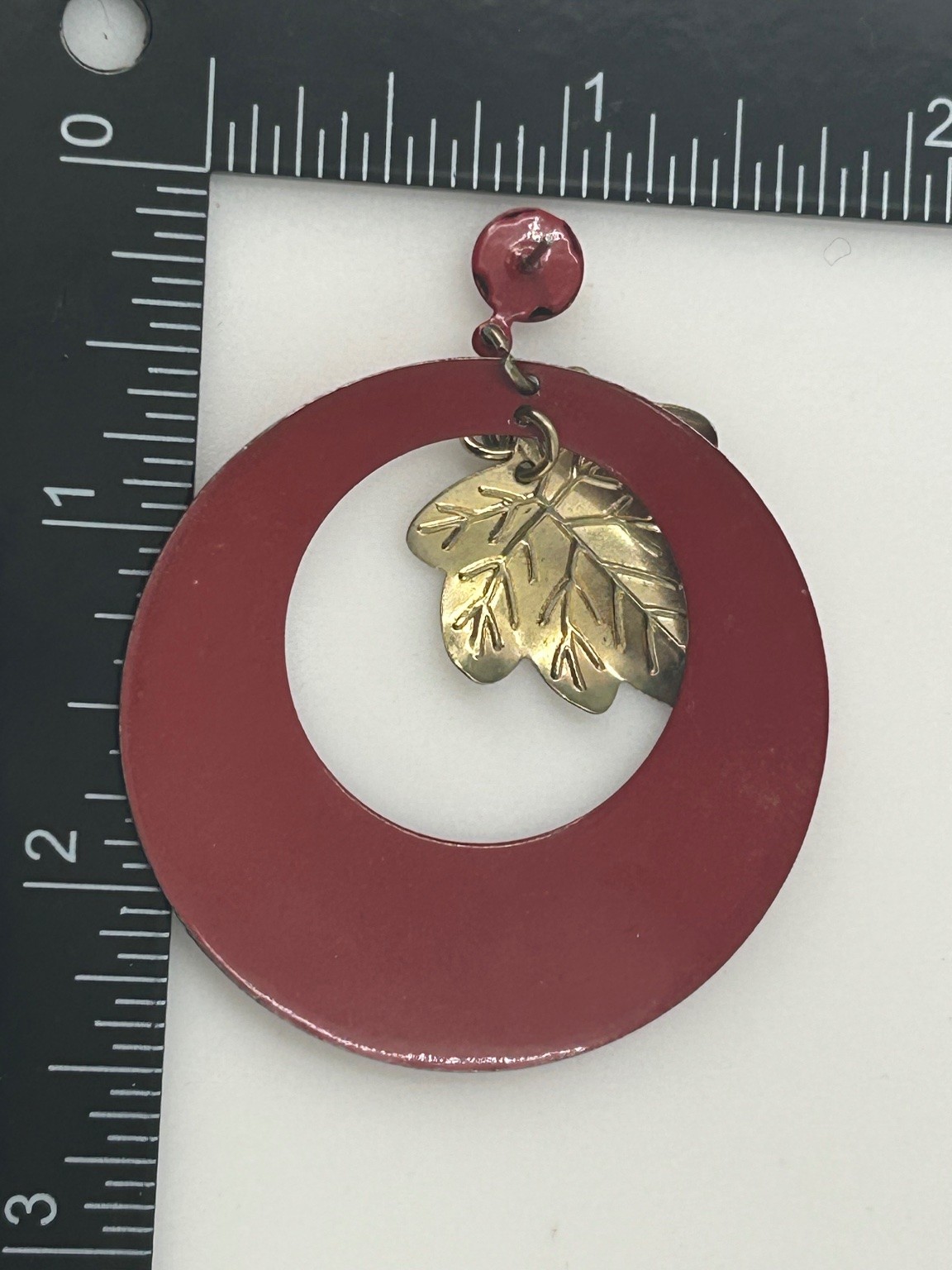 Vintage Dangle Drop Earrings Gold Tone Metal Red Enamel Leaf Charm