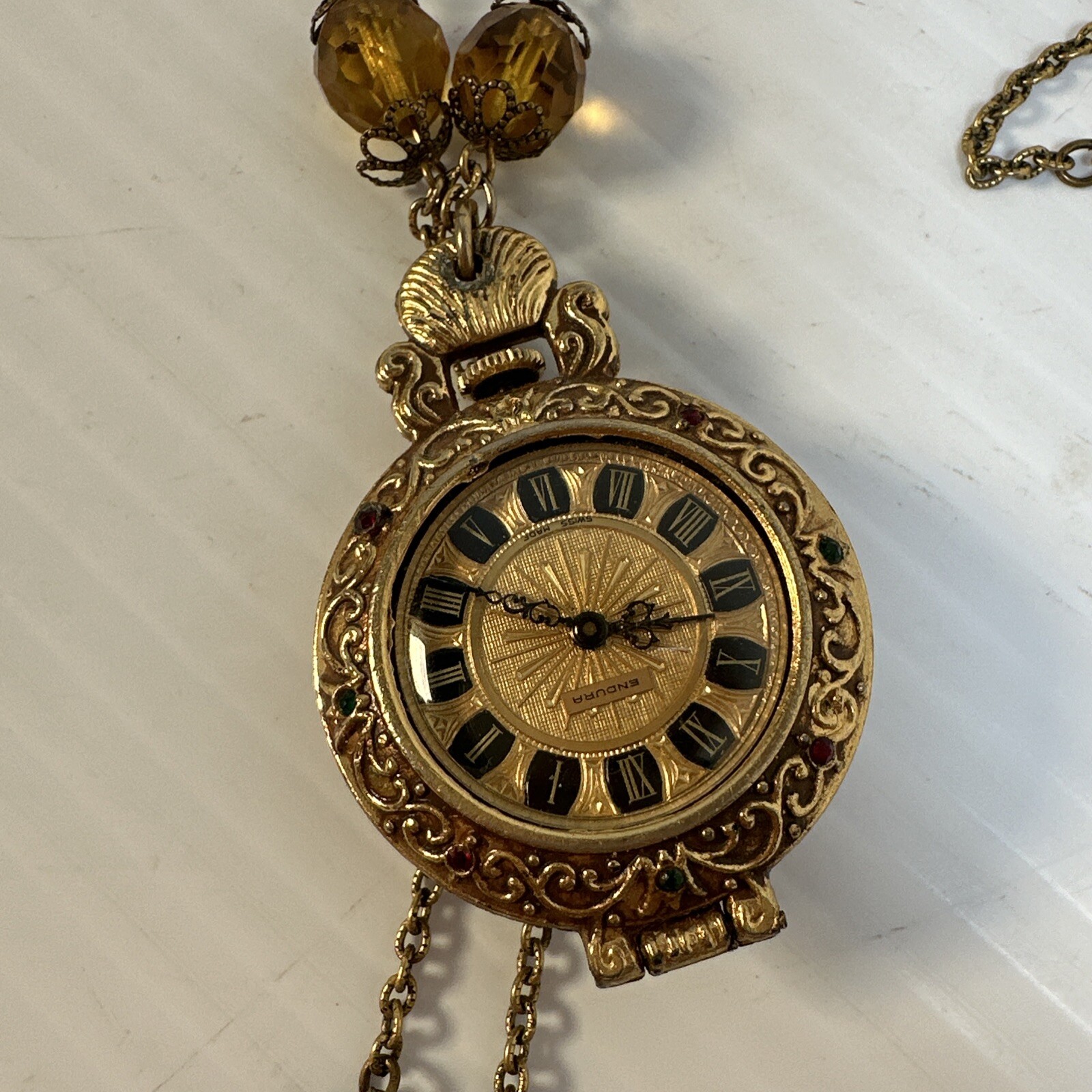 Vintage Mid Century Endura Pendant Watch Renaissance Style Necklace