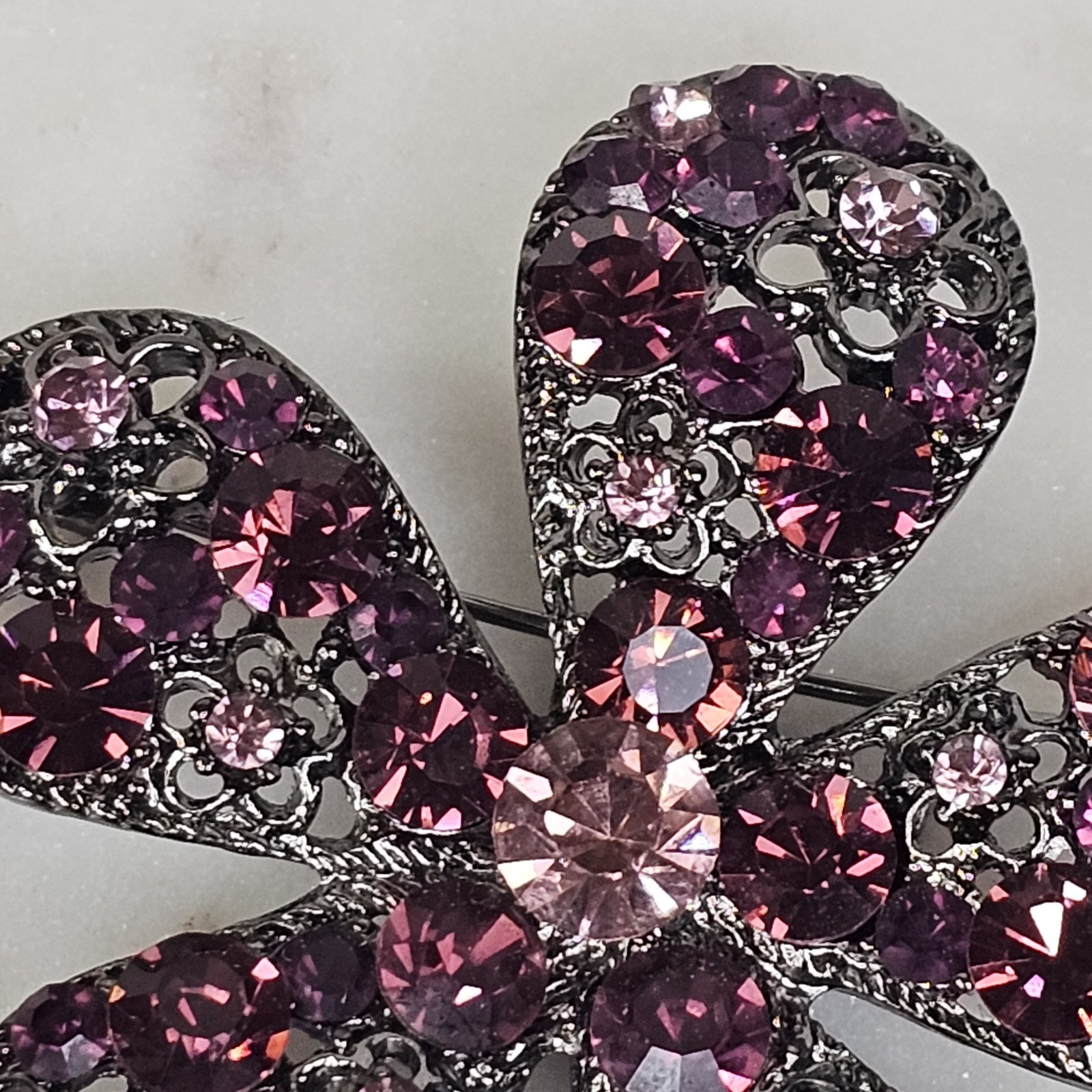 Vintage Purple Flower Rhinestone Gunmetal Pink Crystals Brooch Estate