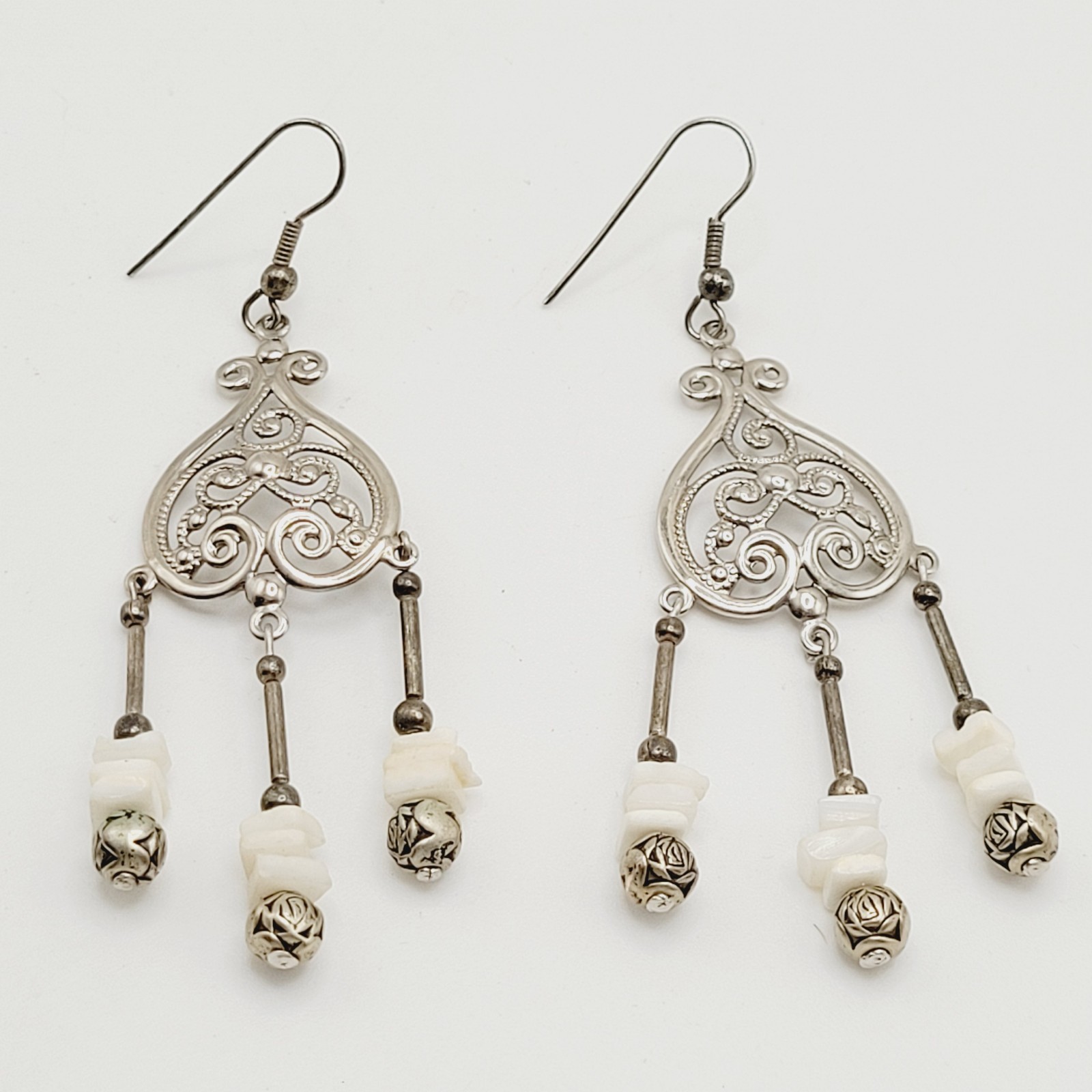 Southwestern Style Chandelier Silver Tone White Howlite Bead Pierced Earrings