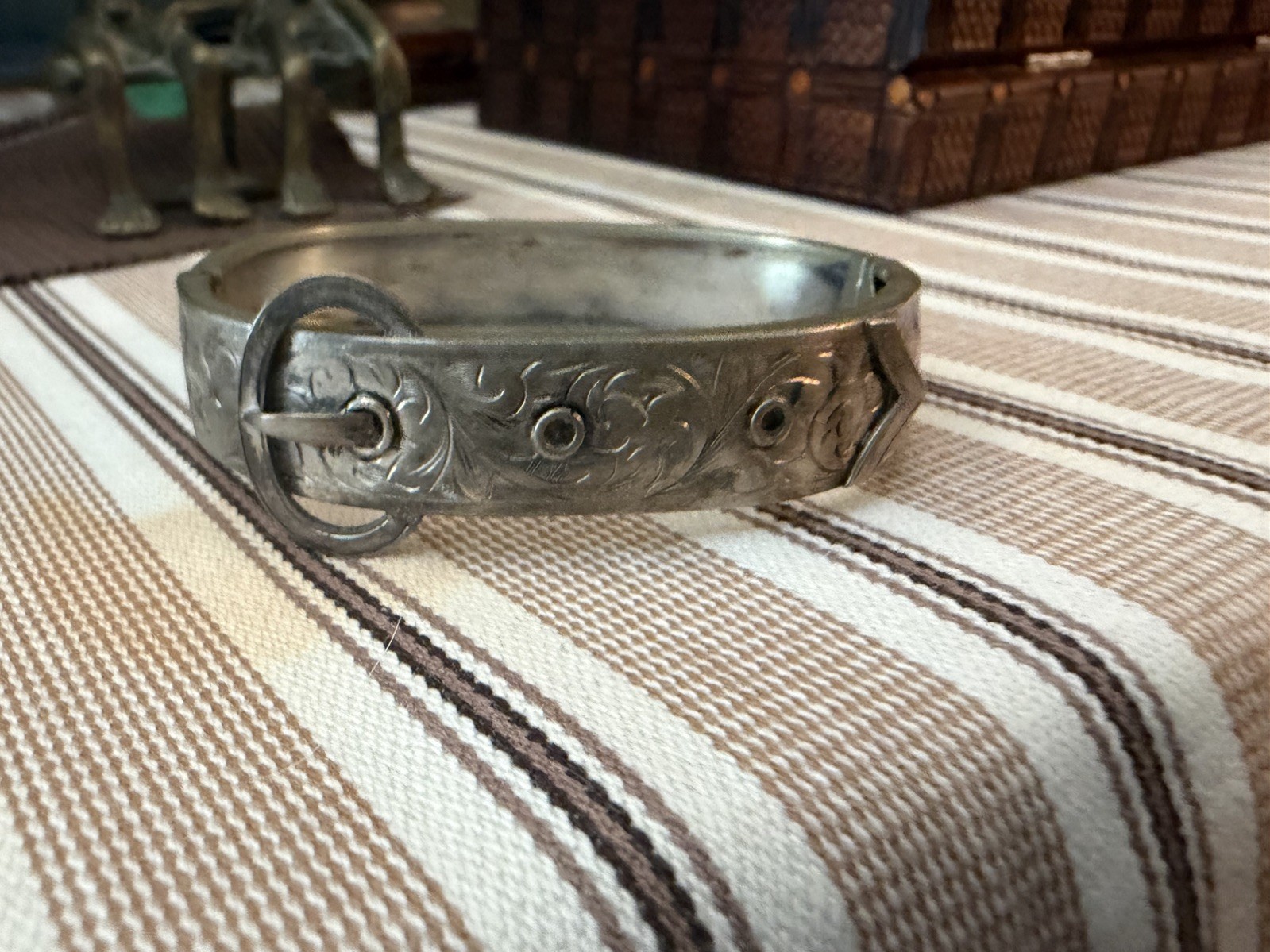 Sterling Silver Hinged Buckle Bangle Bracelet Etched Floral Signed HW