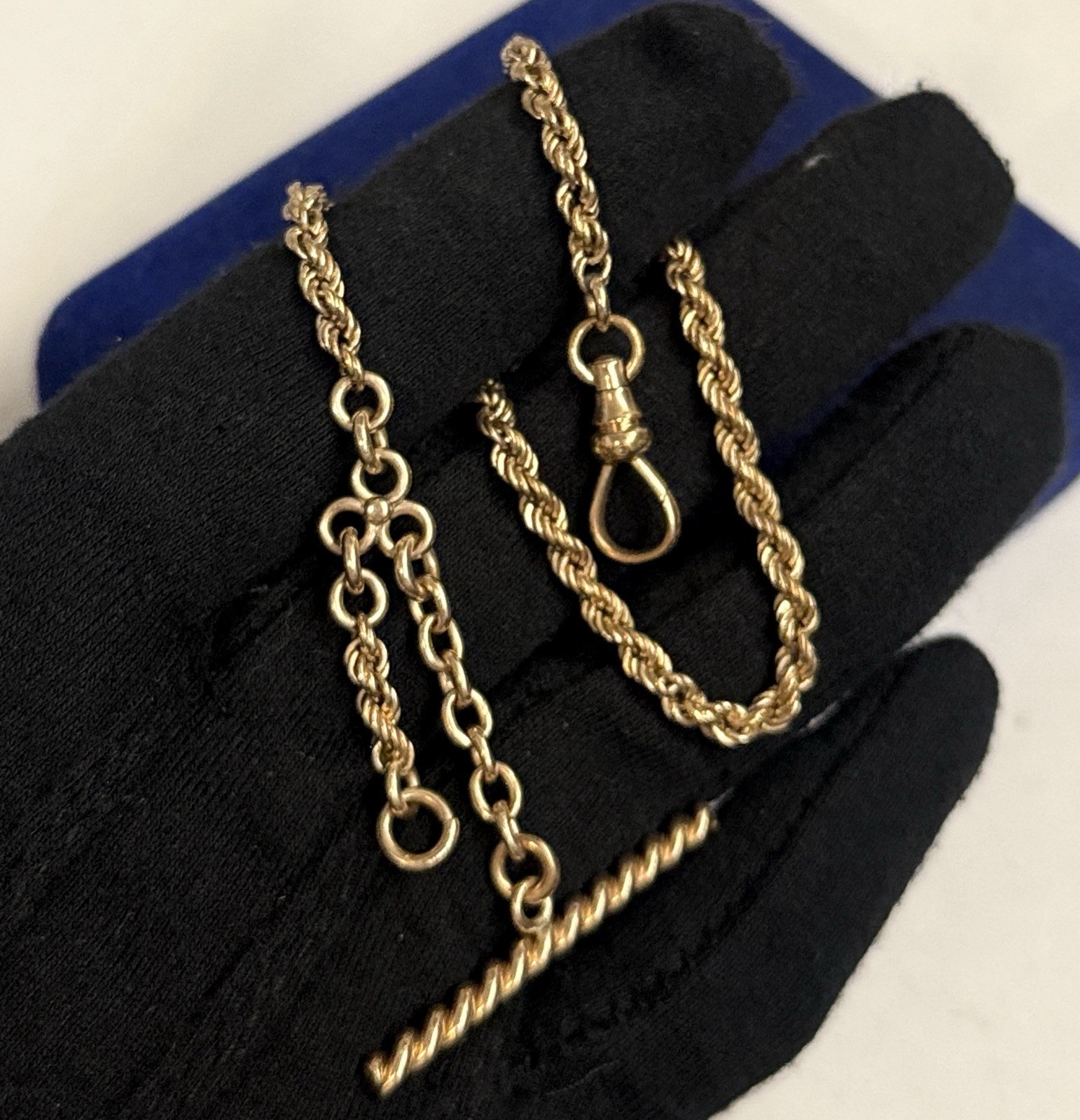 Heavy 14.2g Gold filled Watch Chain Gf 11” ROPE Chain T Bar 3.7mm victorian Fob