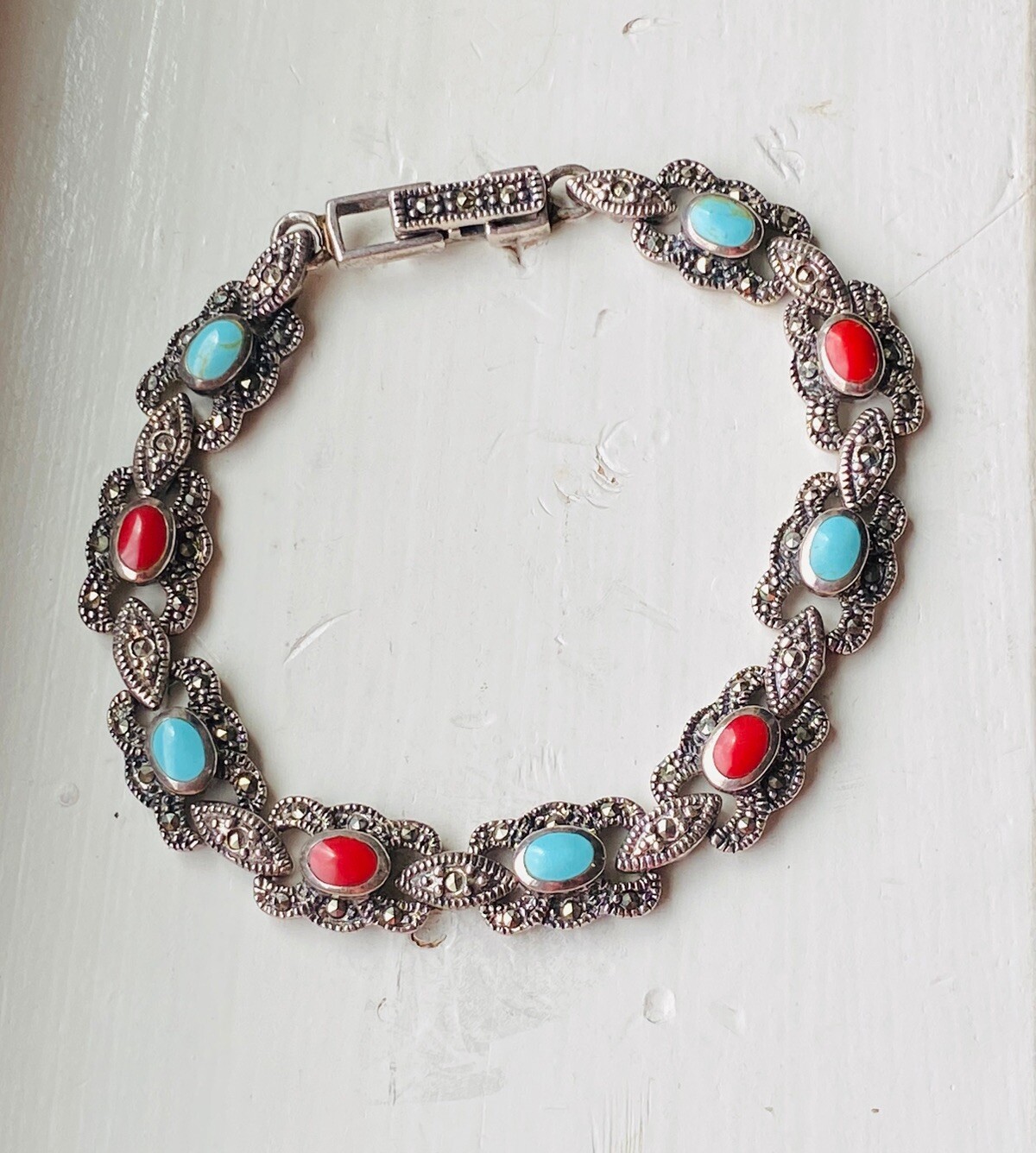 Vintage Sign Sterling Silver Multi Stone Turquoise Coral Marcasite Link Bracelet