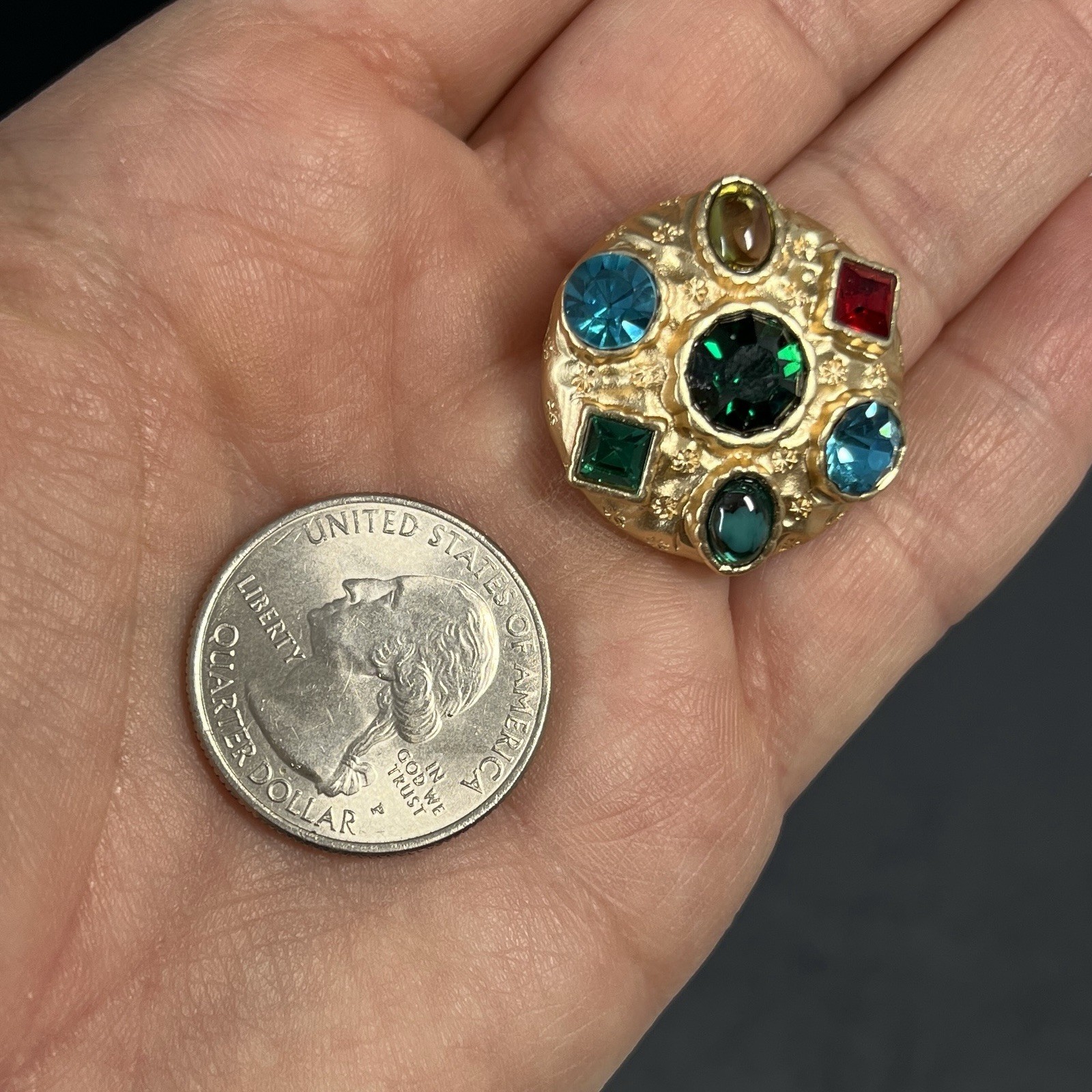 Byzantine Matte Gold Tone Earrings Round Rhinestone Gripoix Style Multicolor