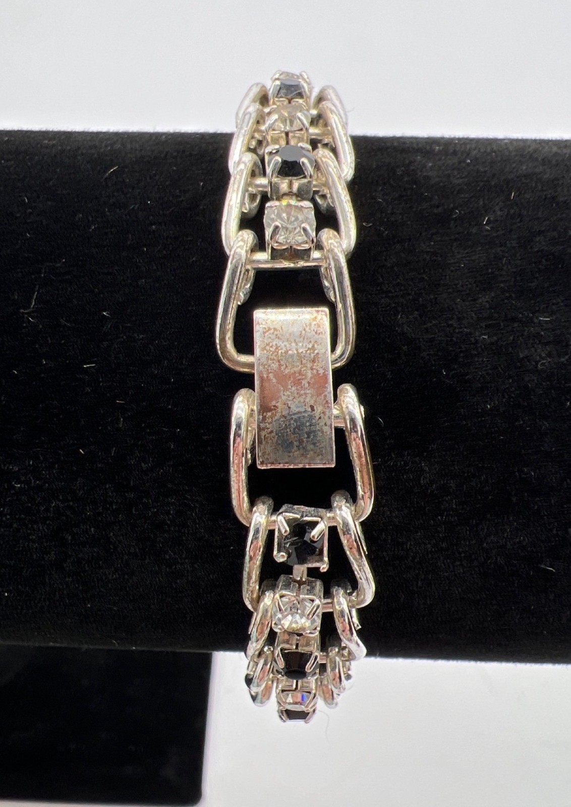 Vintage Silver-Tone Bracelet With Clear & Black Rhinestones 7 Inches Chain Link