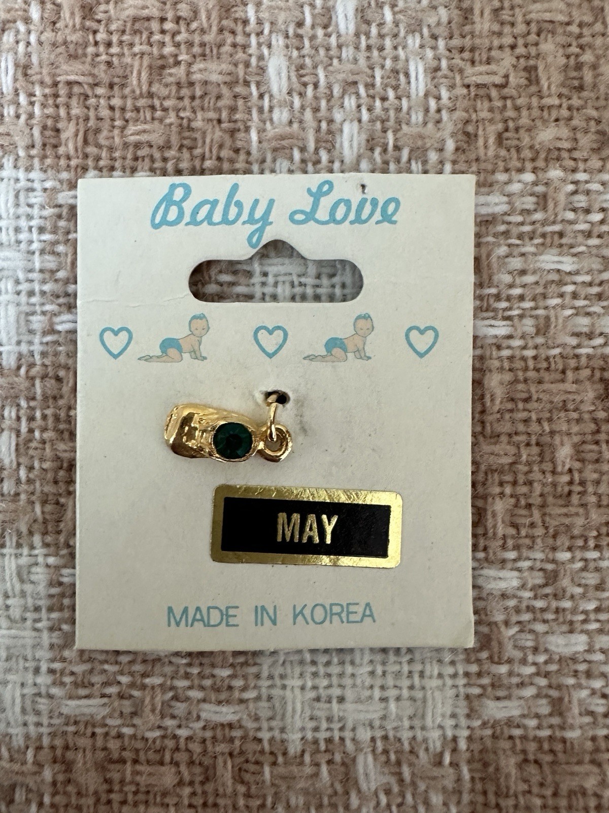 Vintage Baby Bootie May Birthstone Emerald Green Charm Gold-tone