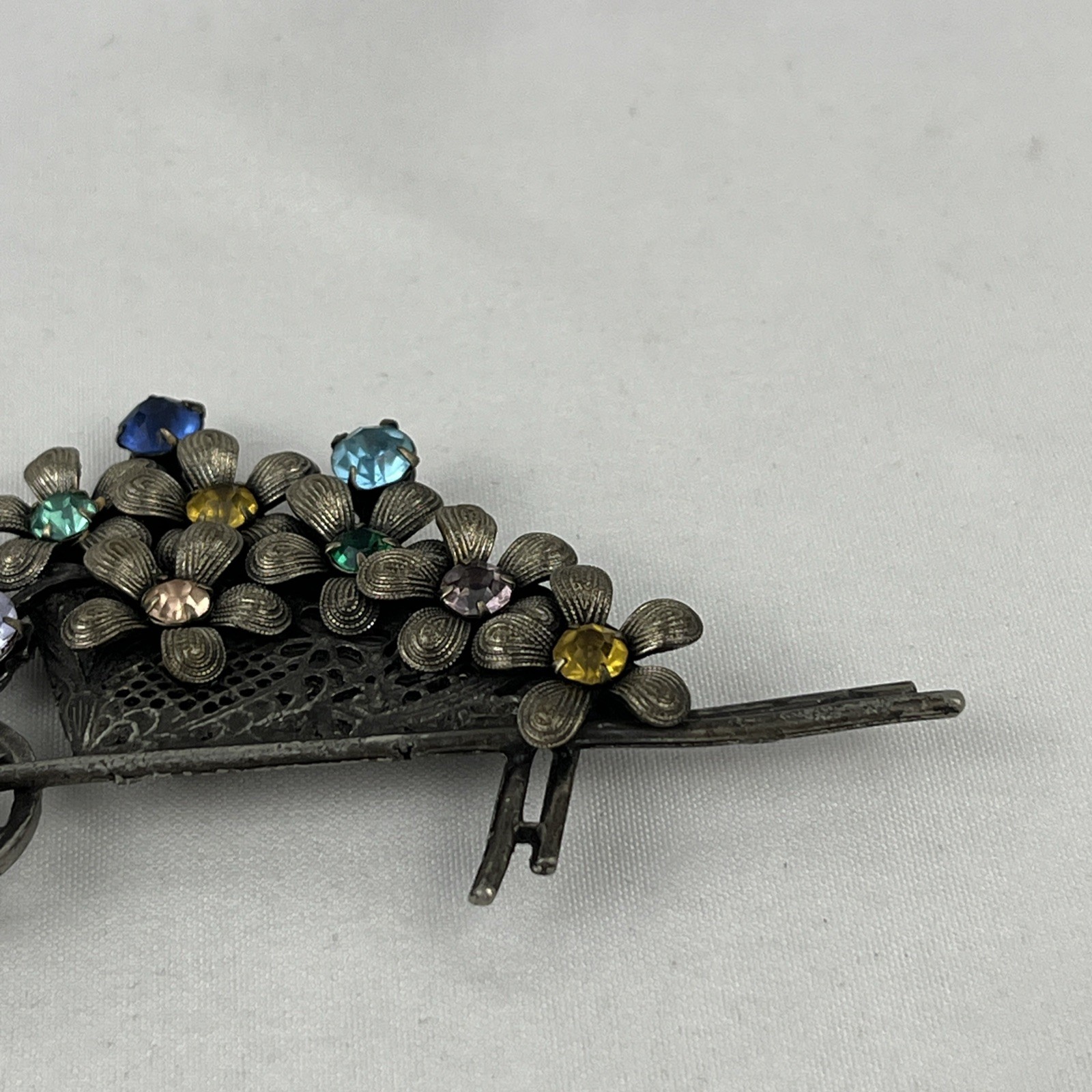 Vintage Wheelbarrow Pin Brooch Rhinestone Flowers Brass Filigree Garden Cart