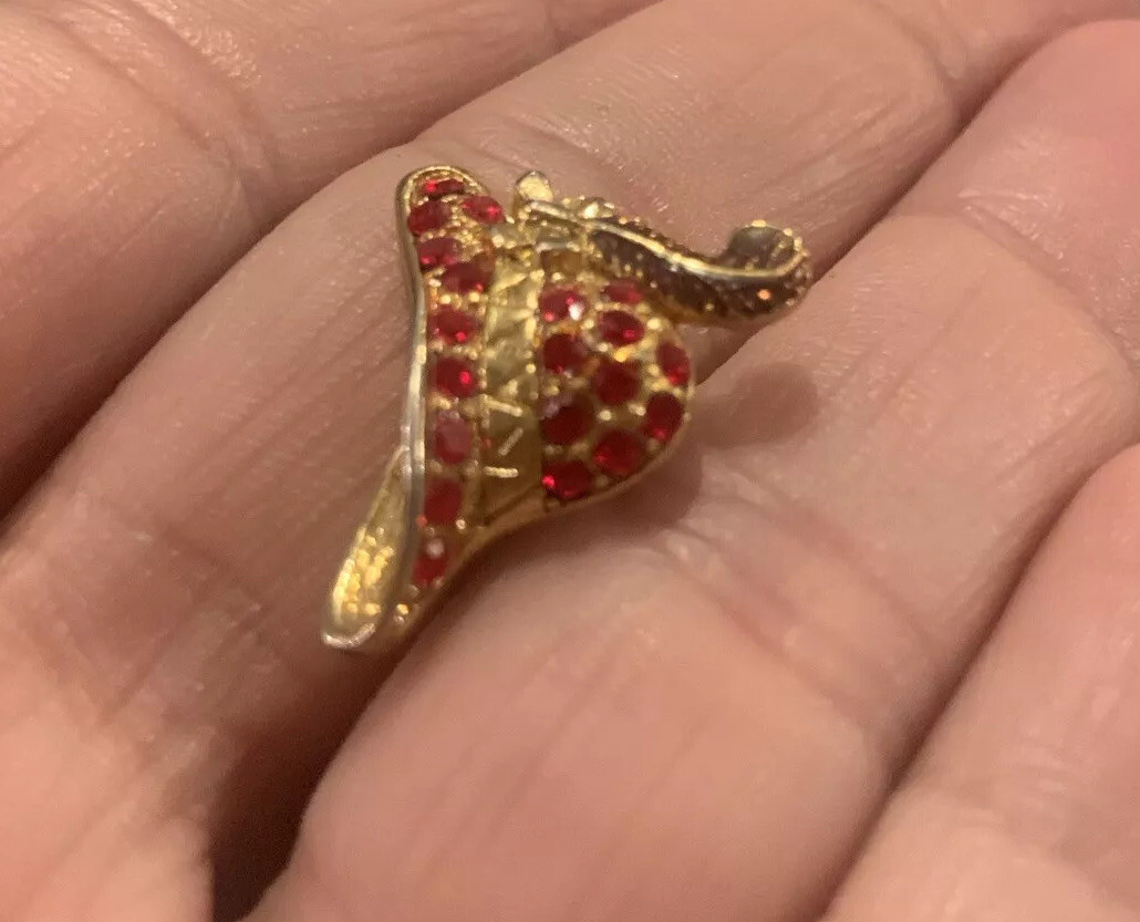 Red Hat Society Vintage Brooch Rhinestones Enamel 80s Gold Tone Feather Pin Back