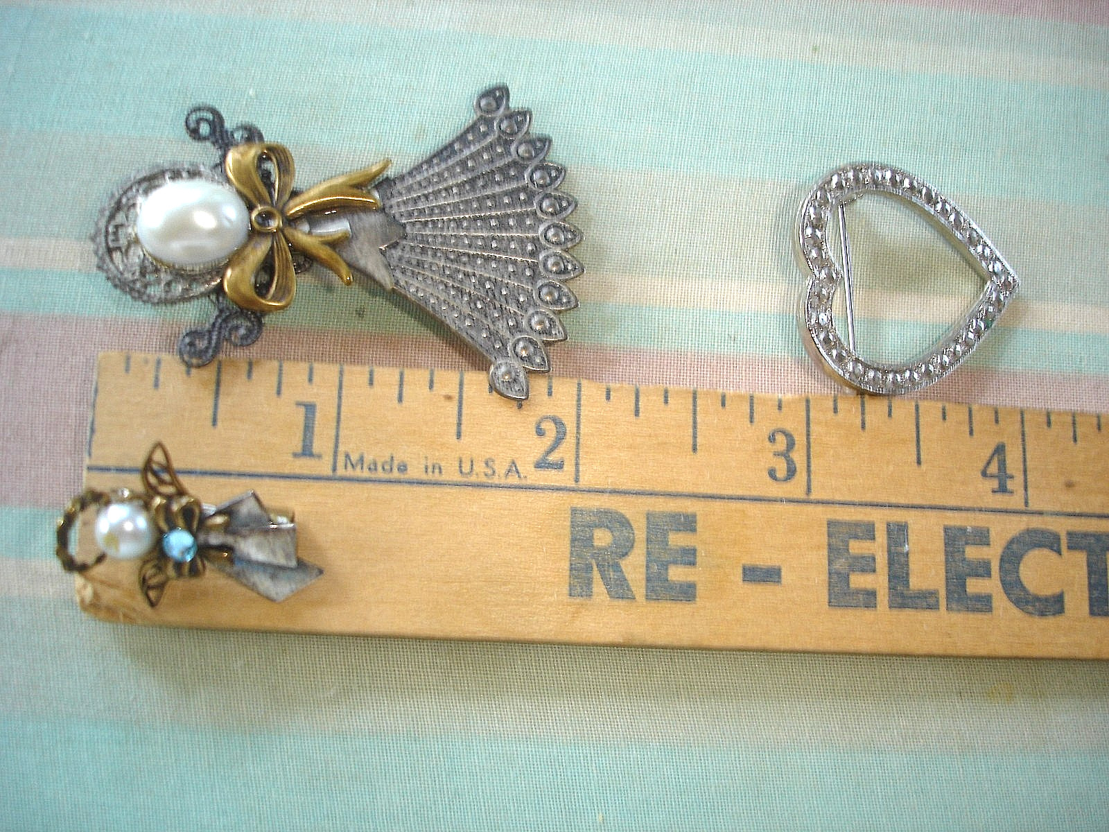 Vintage LOT of 6 HEART & ANGEL Pin Brooches-4 Heart, 2 Angels-Pearls Rhinestones