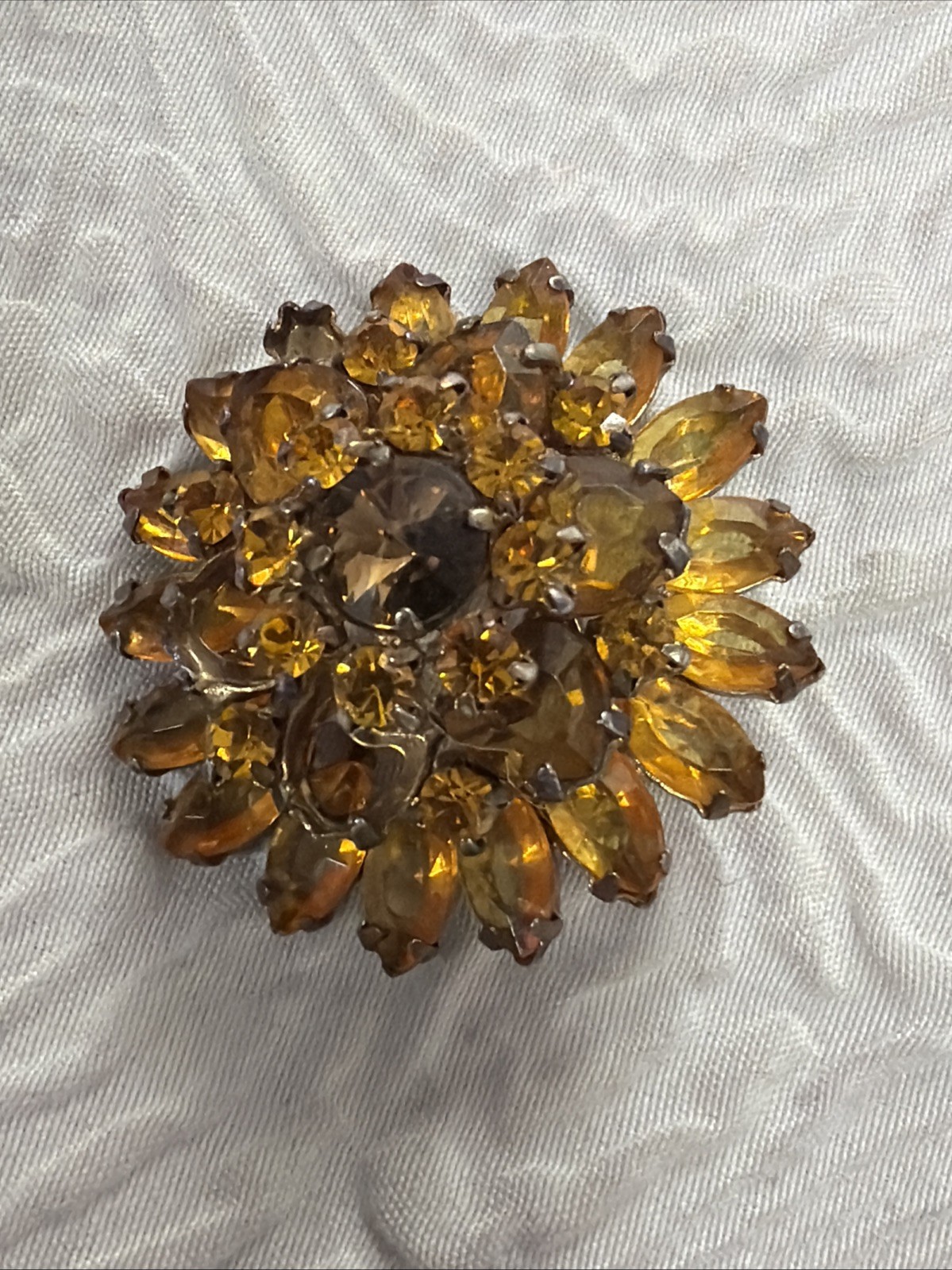 Vintage 3DAmber Citrine Topaz Marquise Chaton-Cut Faceted Crystals Flower Brooch