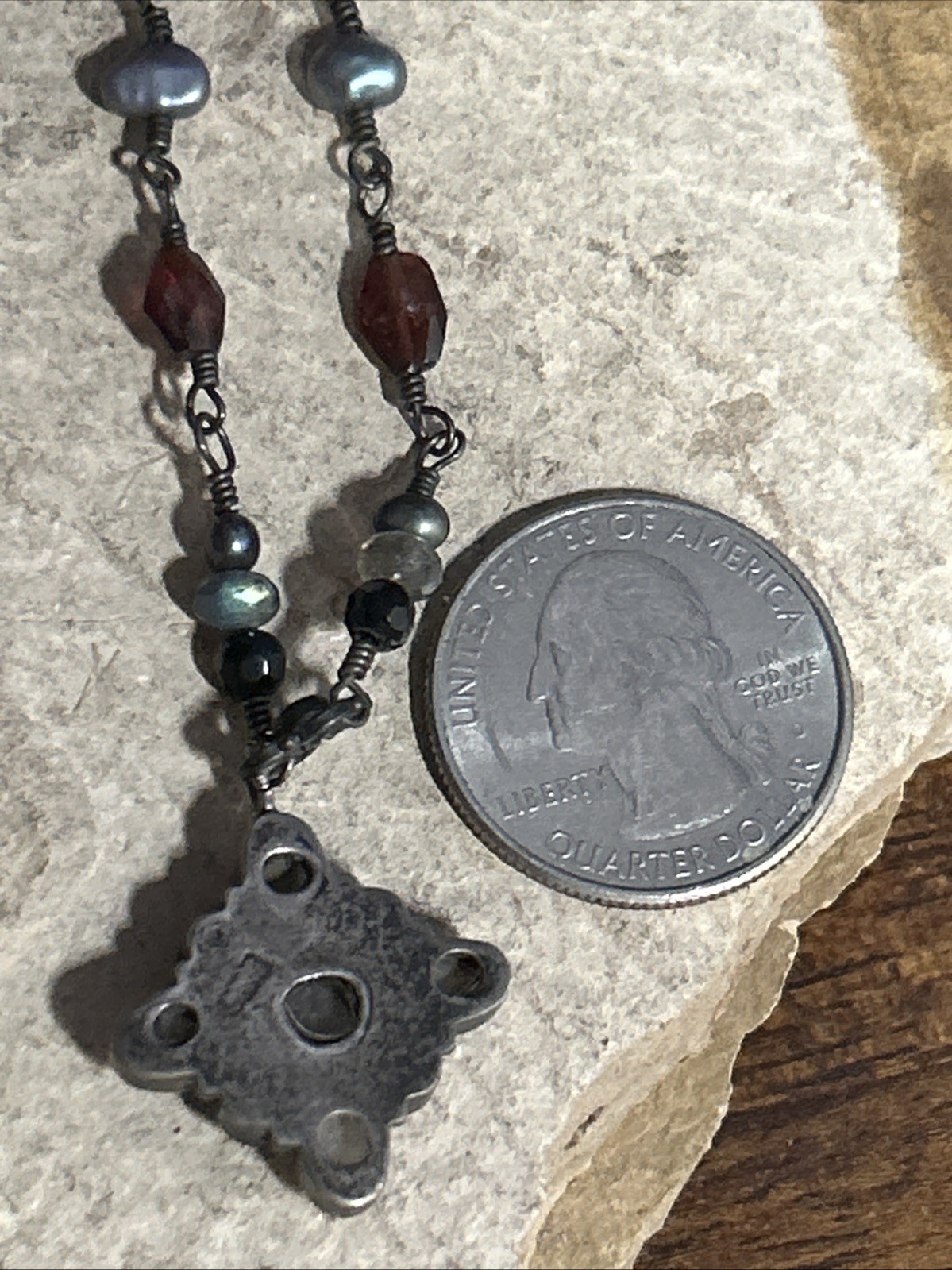 34. Vintage 925 Sterling Wire Wrapped Multi Gemstone Link Cross Necklace 16″