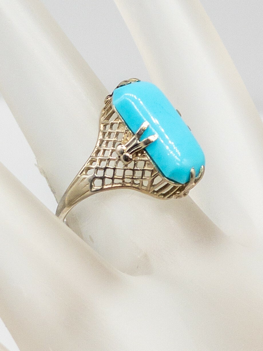 Antique 1920s 3ct Natural Cushion Cut Turquoise 14k White Gold Filigree Ring BIG
