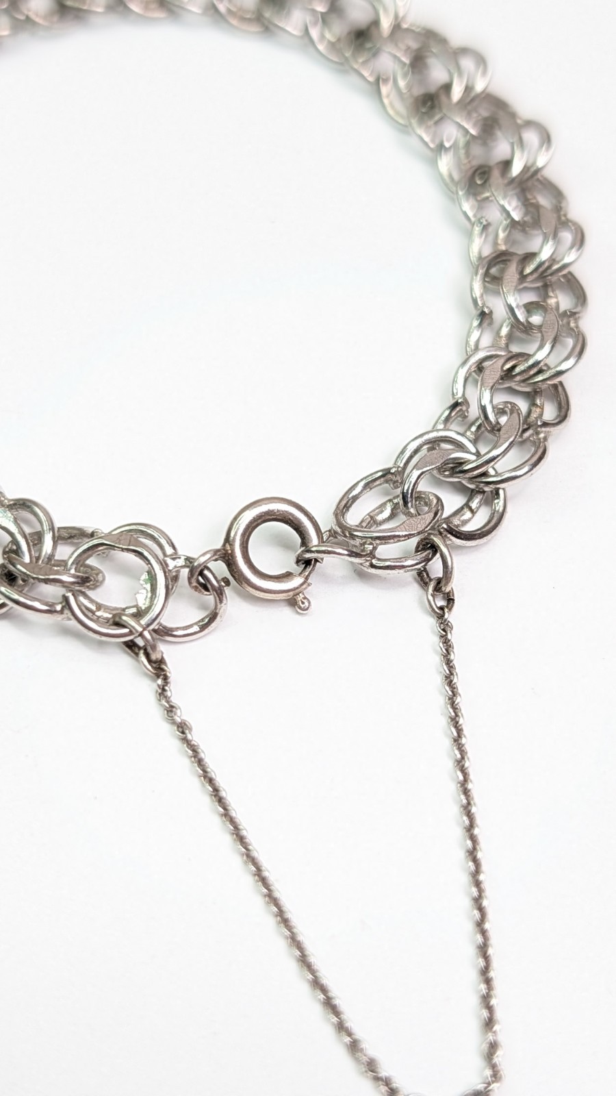 Vintage Sterling Silver Charm Bracelet Double Link 7″ Safety Chain C Clasp