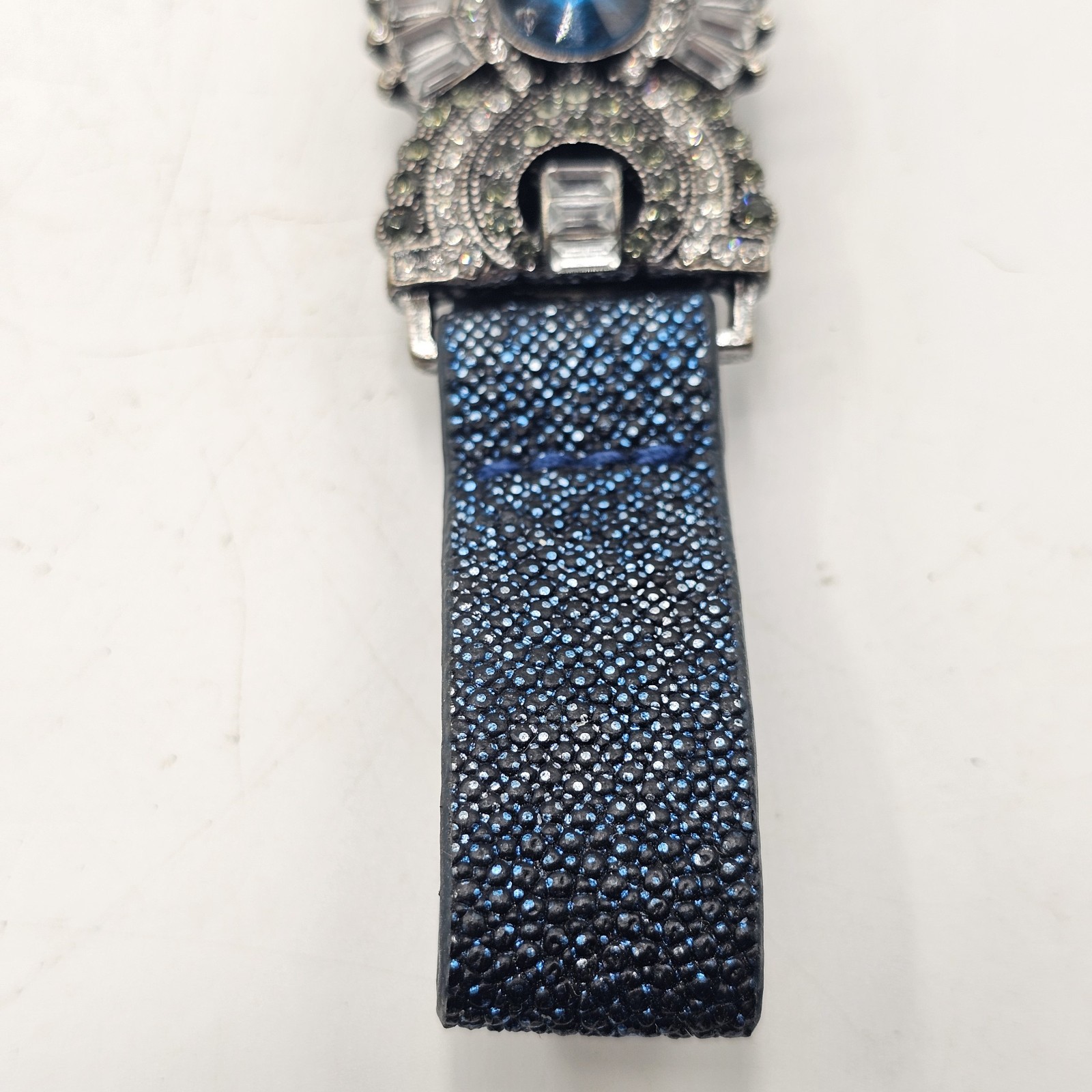 Vintage Yik Fung Leather Rhinestone Bracelet Blue & Silver