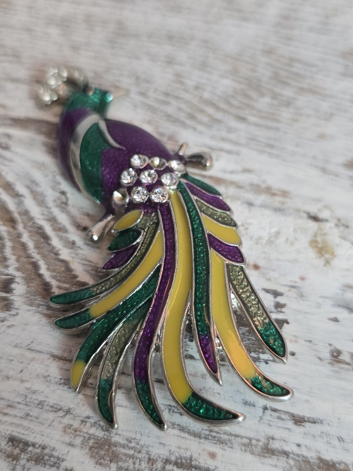 Peacock Bird Animal Brooch Purple Green Yellow Enamel Rhinestone Pin READ #194