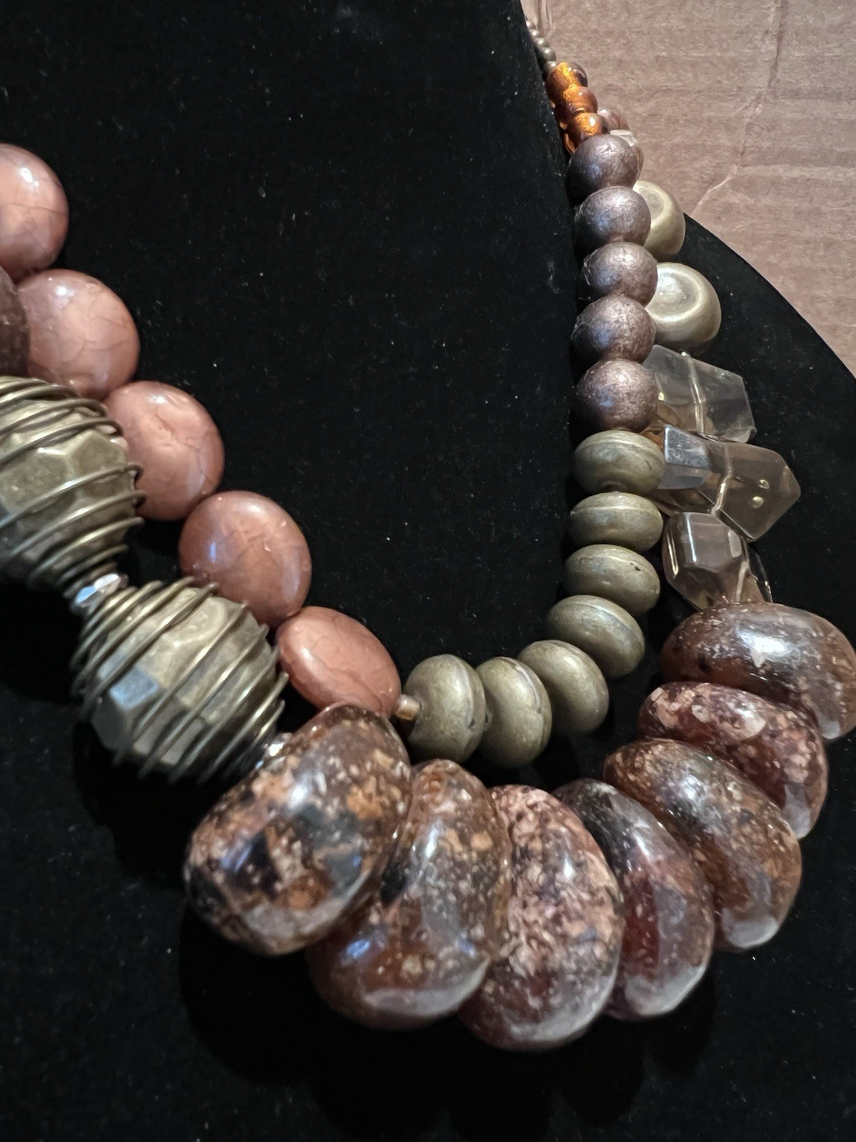 Vintage Boho Chunky Beaded Statement Necklace Earth Tones Acrylic Mixed Media