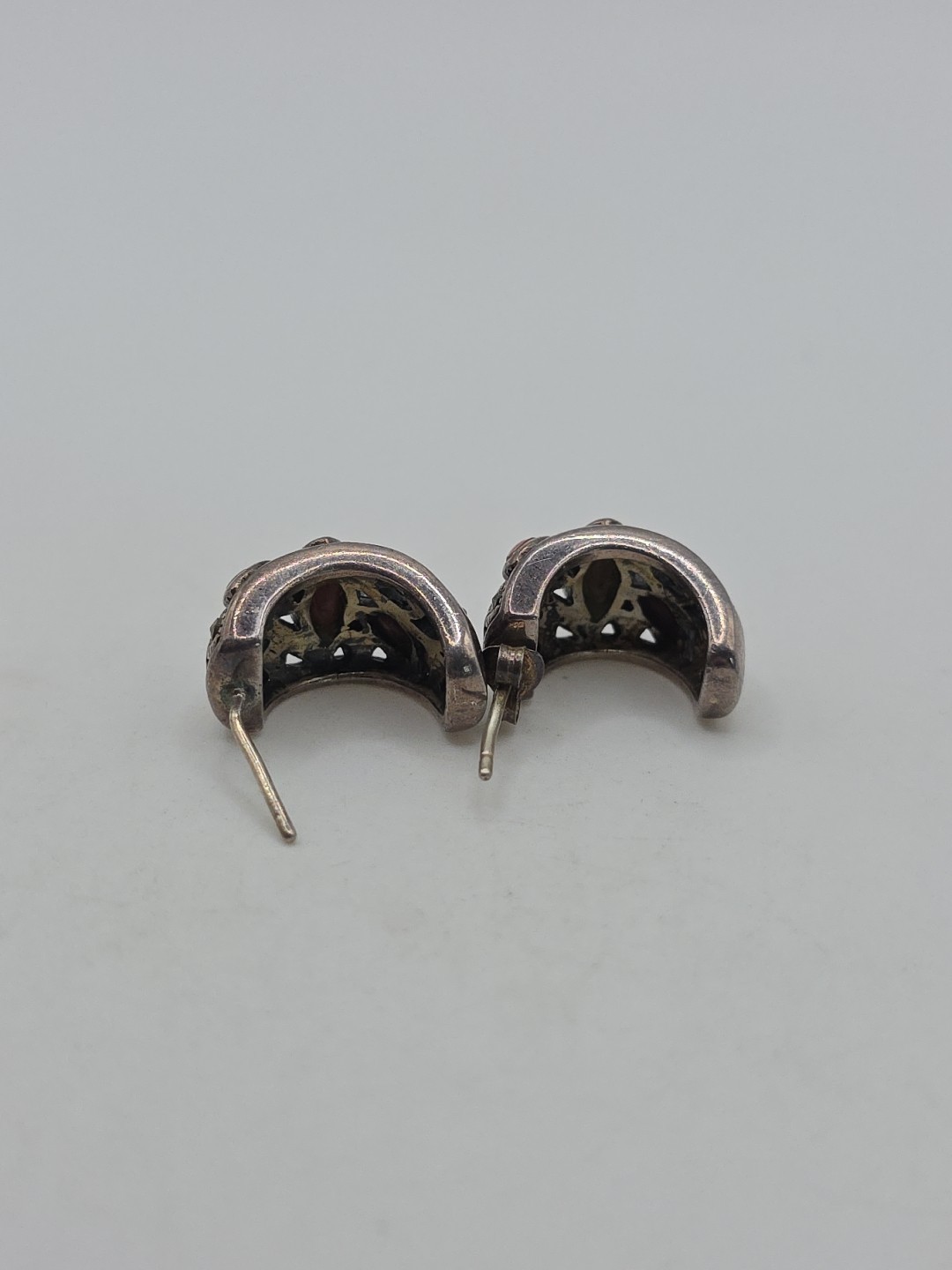 Vintage Sterling Silver 925 Red Coral Marcasite Curved Earrings 10g